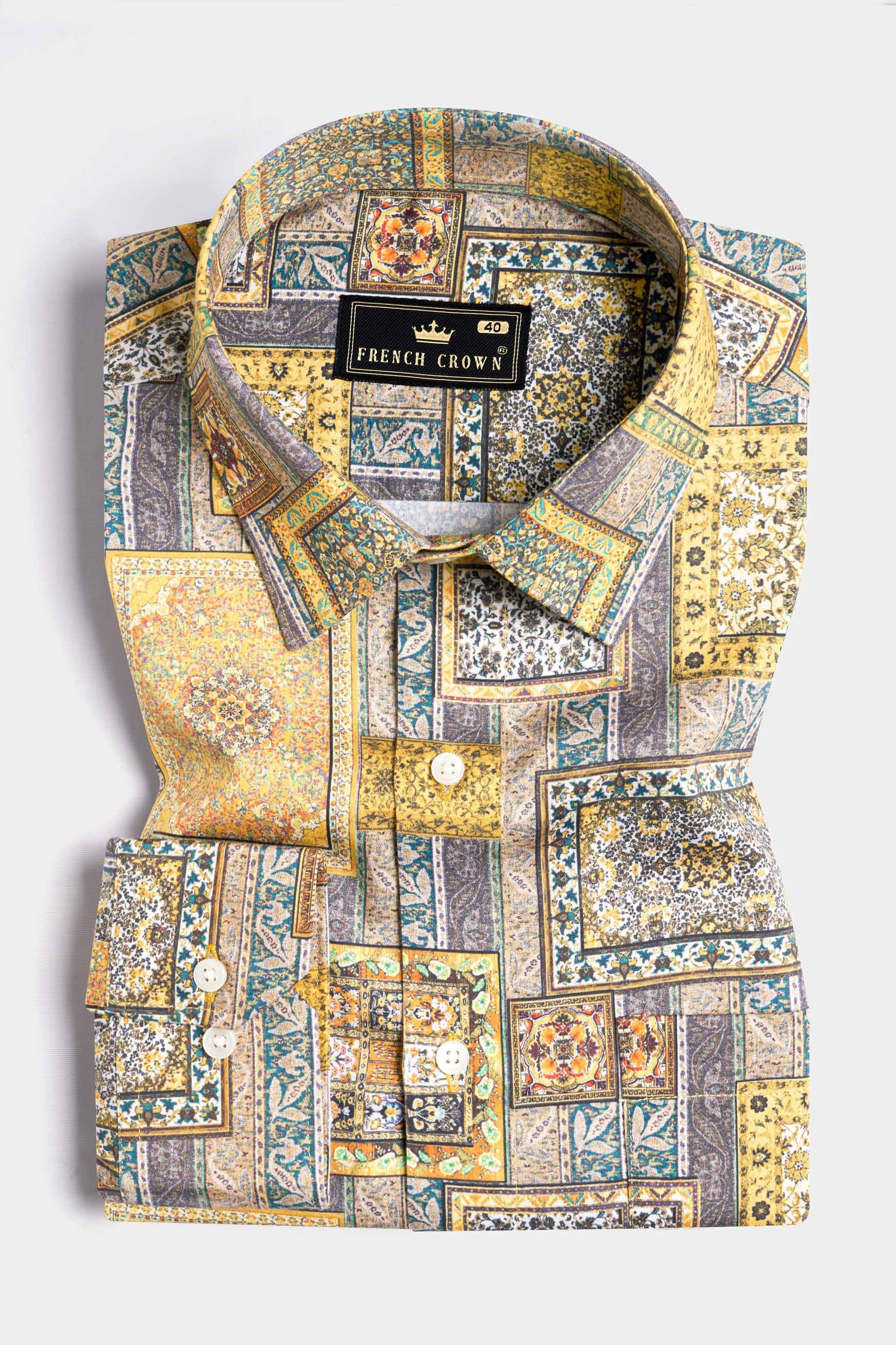 Wattle Yellow with Zobra Brown Multicolour Tribal Printed Super Soft Premium Cotton Shirt
