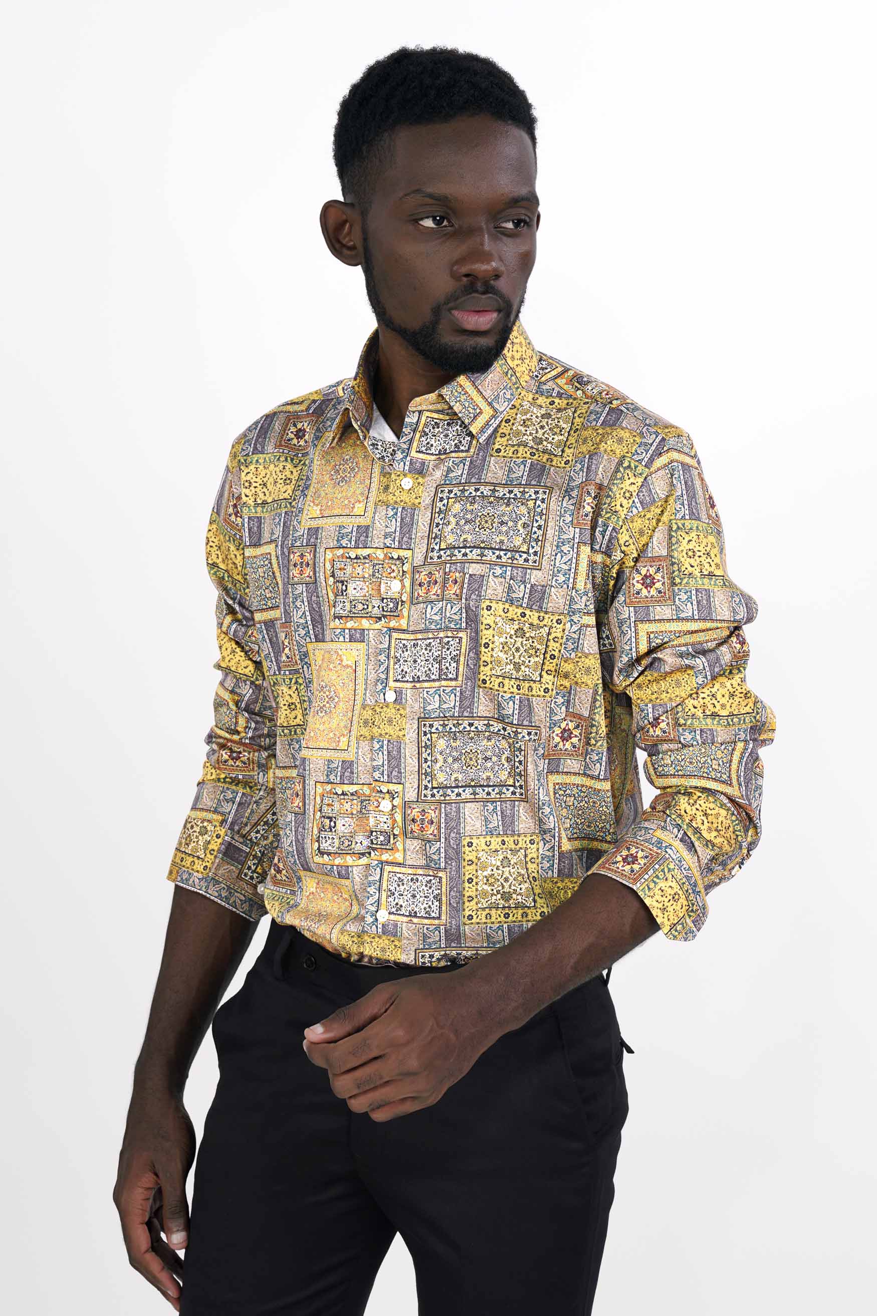 Wattle Yellow with Zobra Brown Multicolour Tribal Printed Super Soft Premium Cotton Shirt