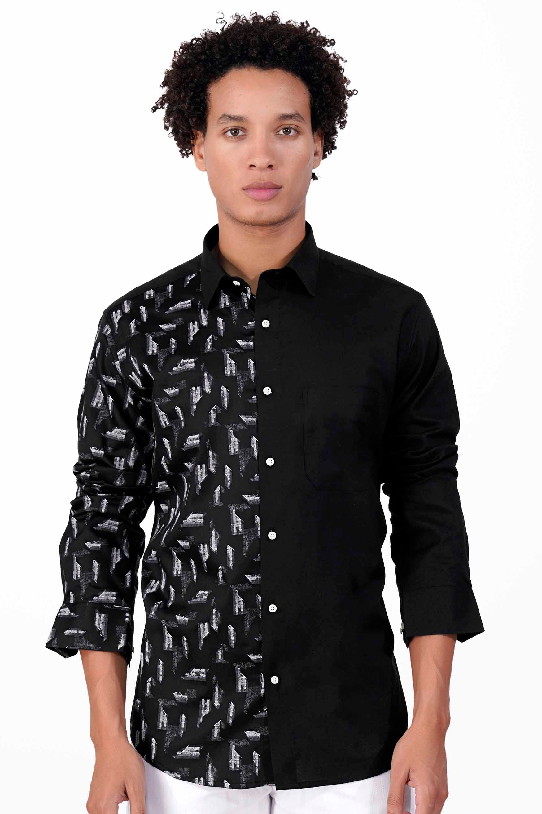Half White Printed Half Solid Black Royal Oxford Designer Shirt