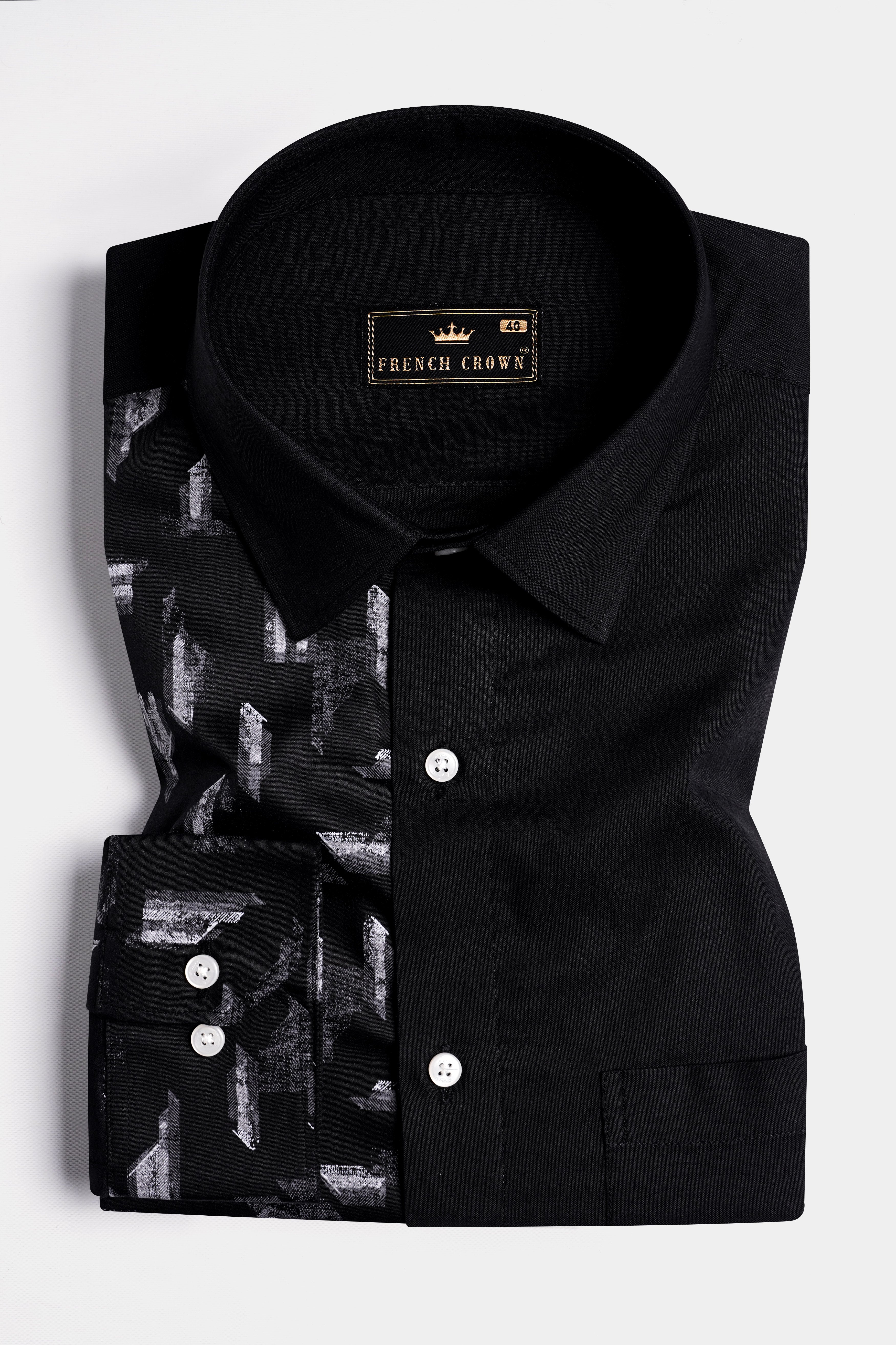 Half White Printed Half Solid Black Royal Oxford Designer Shirt