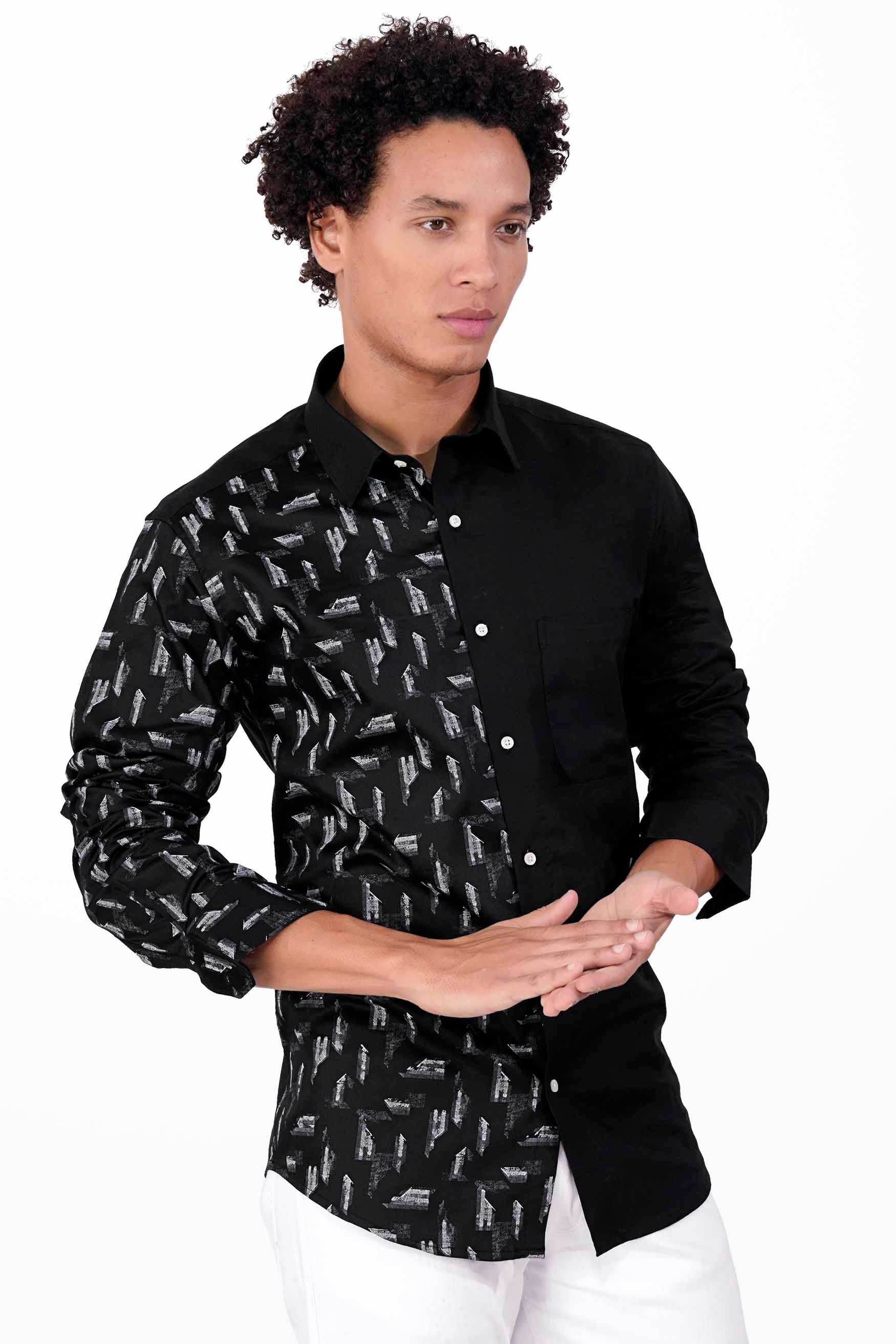 Half White Printed Half Solid Black Royal Oxford Designer Shirt