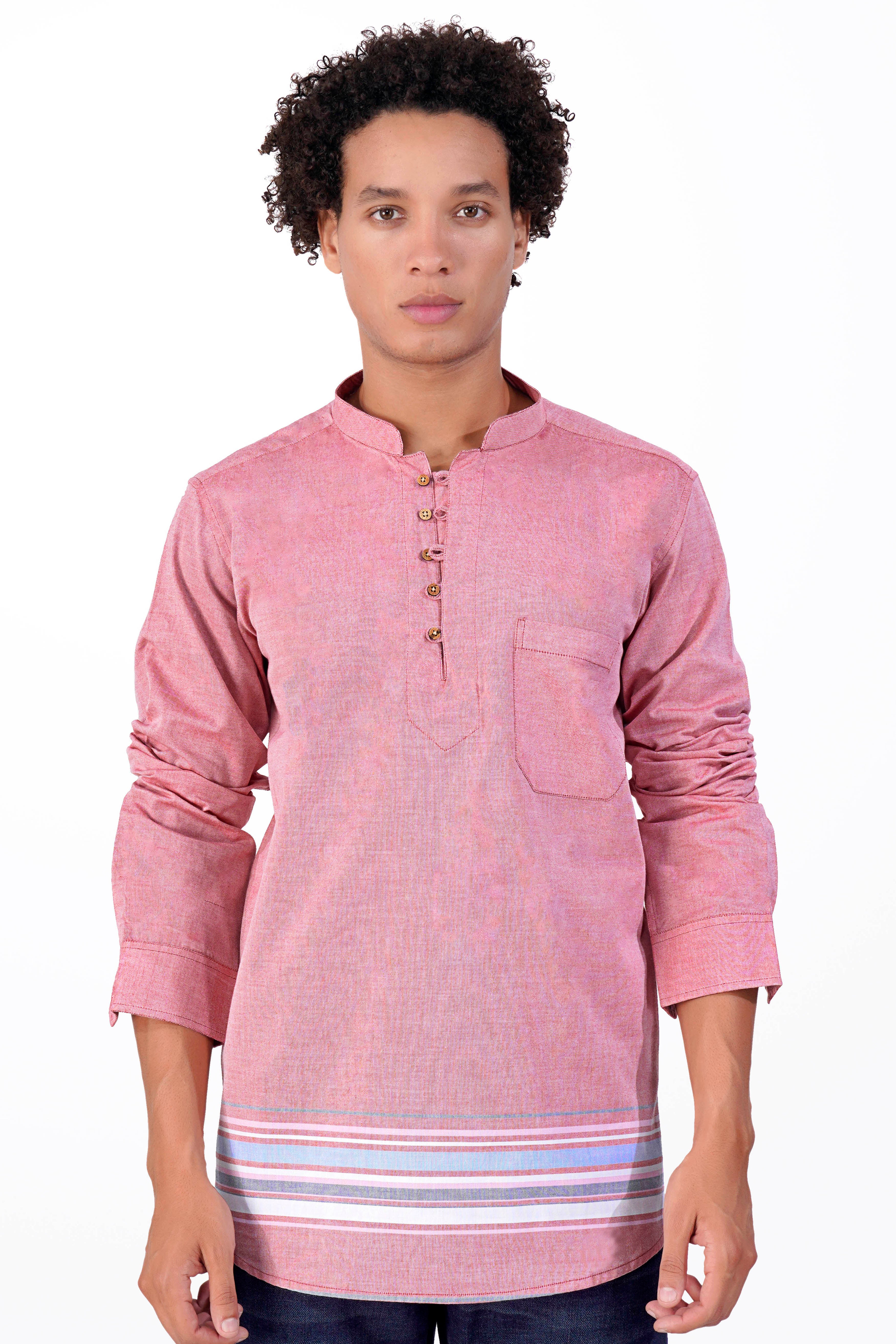 Thulian Pink Multicolour Striped Royal Oxford Kurta Shirt