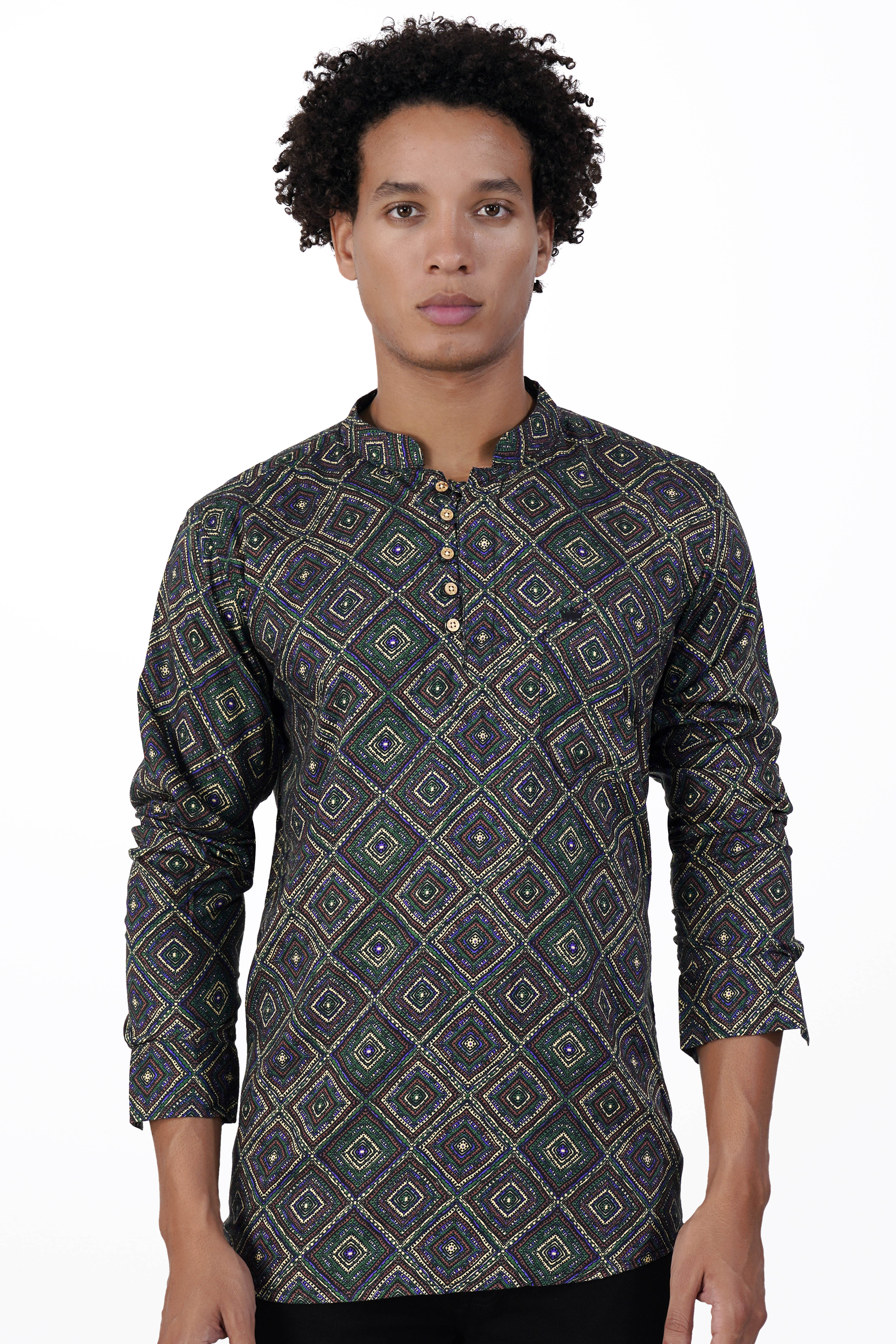Phthalo Green with Russet Brown Multicolour Printed Premium Tencel Kurta Shirt