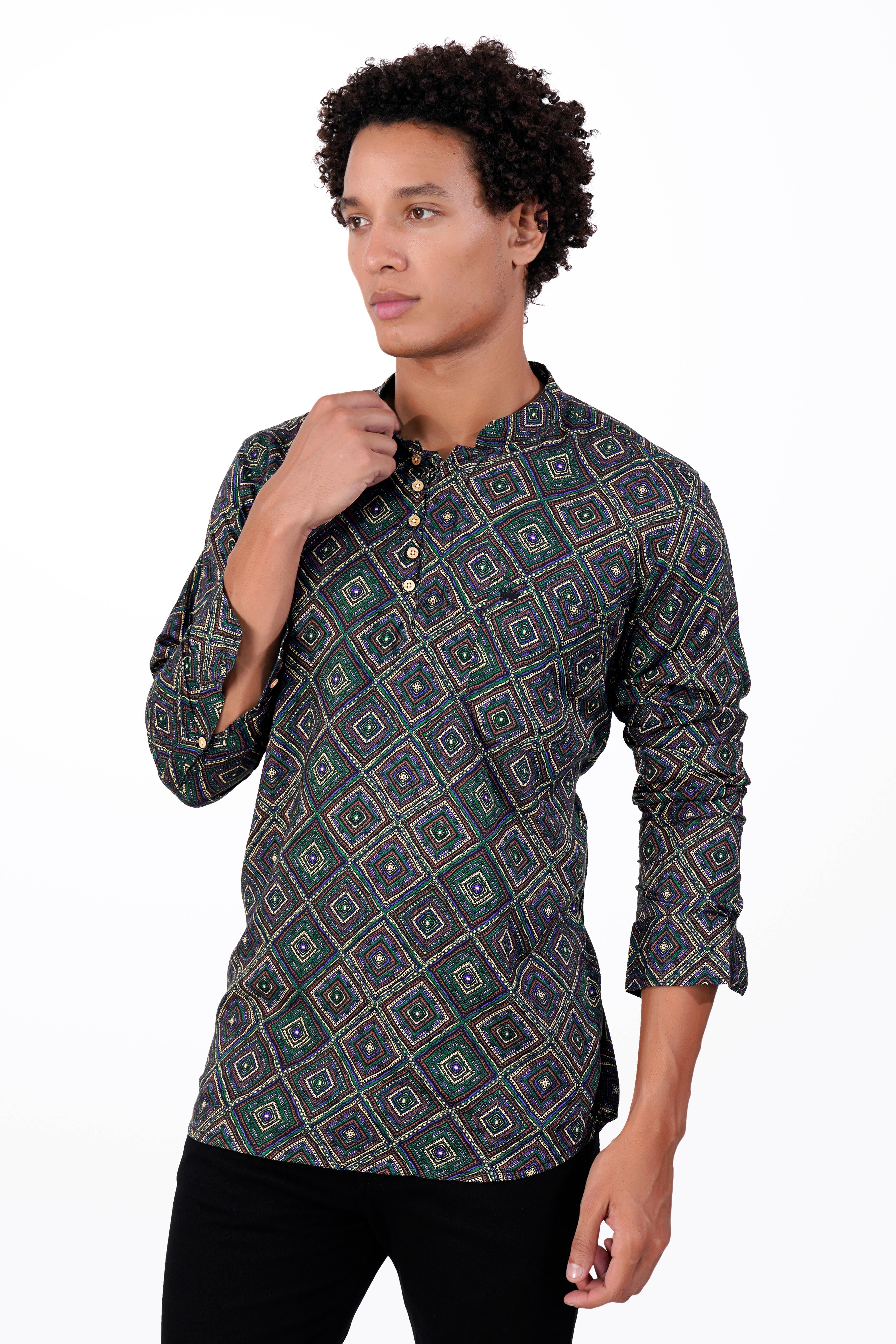 Phthalo Green with Russet Brown Multicolour Printed Premium Tencel Kurta Shirt