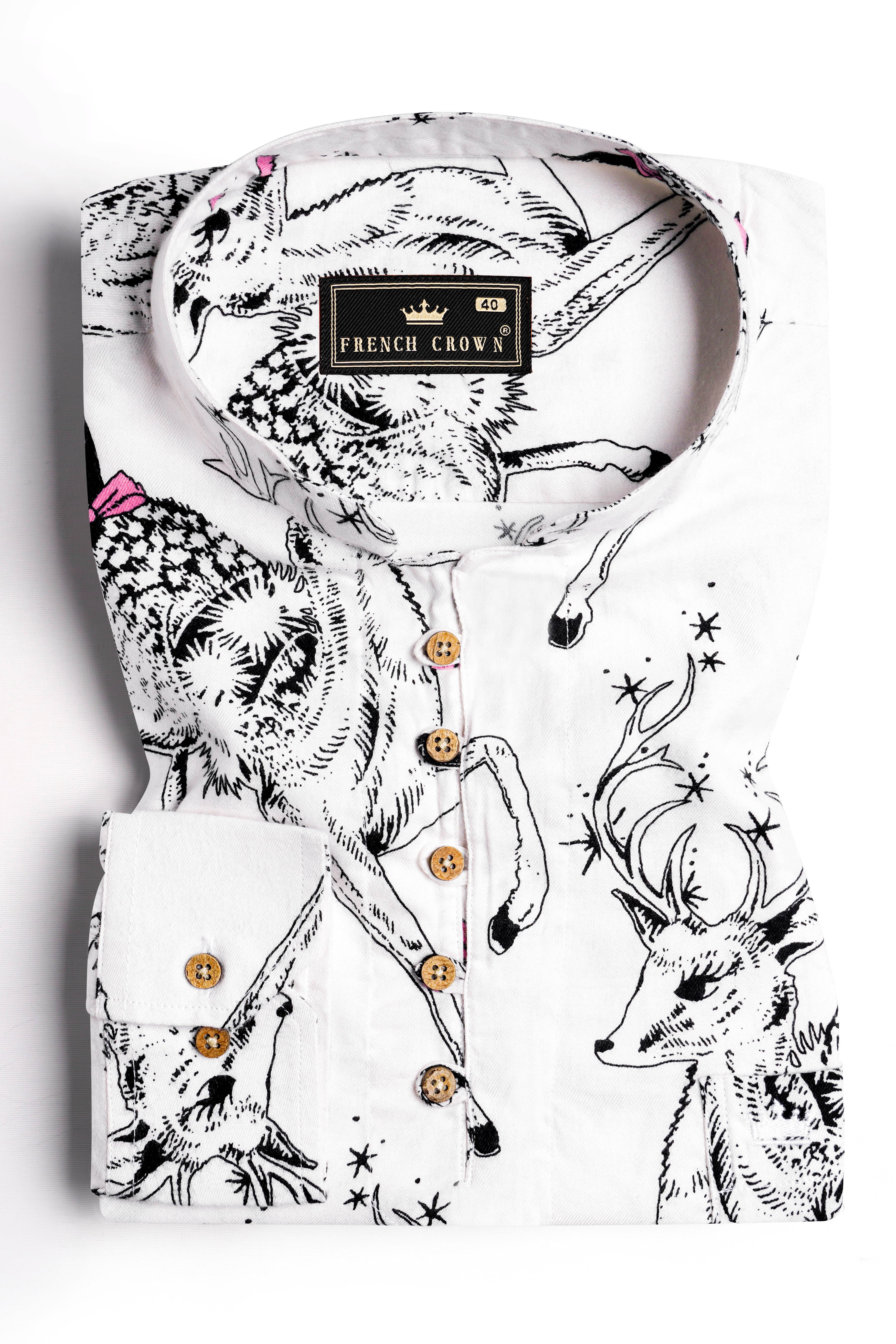 Bright White with Running Deer Printed Cotton Silk with Twill Blended Kurta Shirt