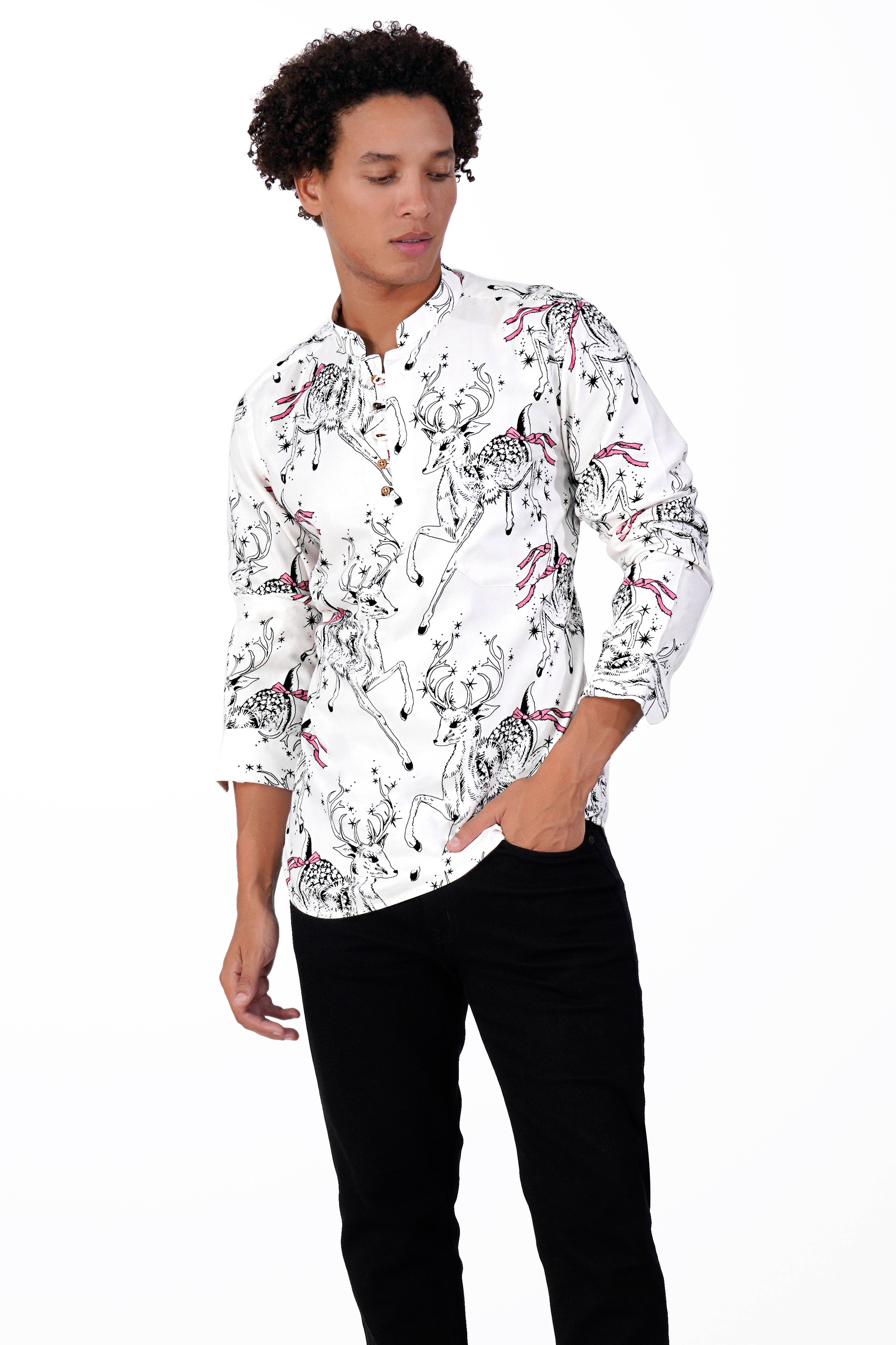 Bright White with Running Deer Printed Cotton Silk with Twill Blended Kurta Shirt