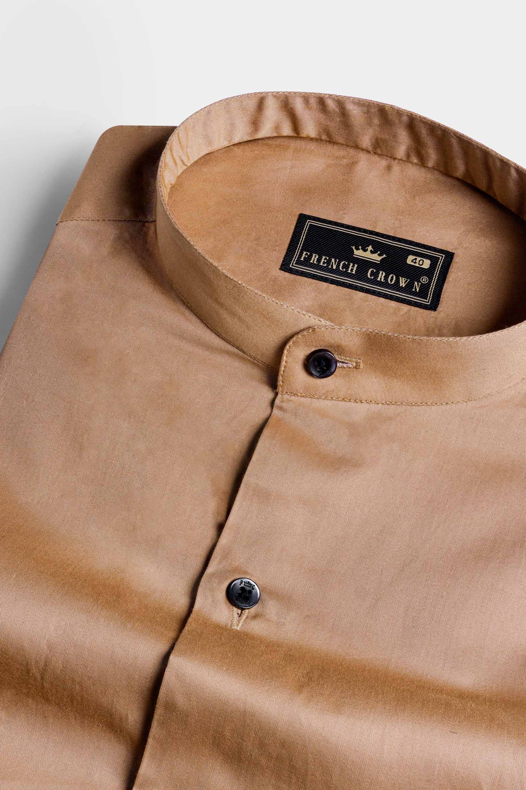 Mocha Brown Subtle Sheen Super Soft Premium Cotton Mandarin Shirt