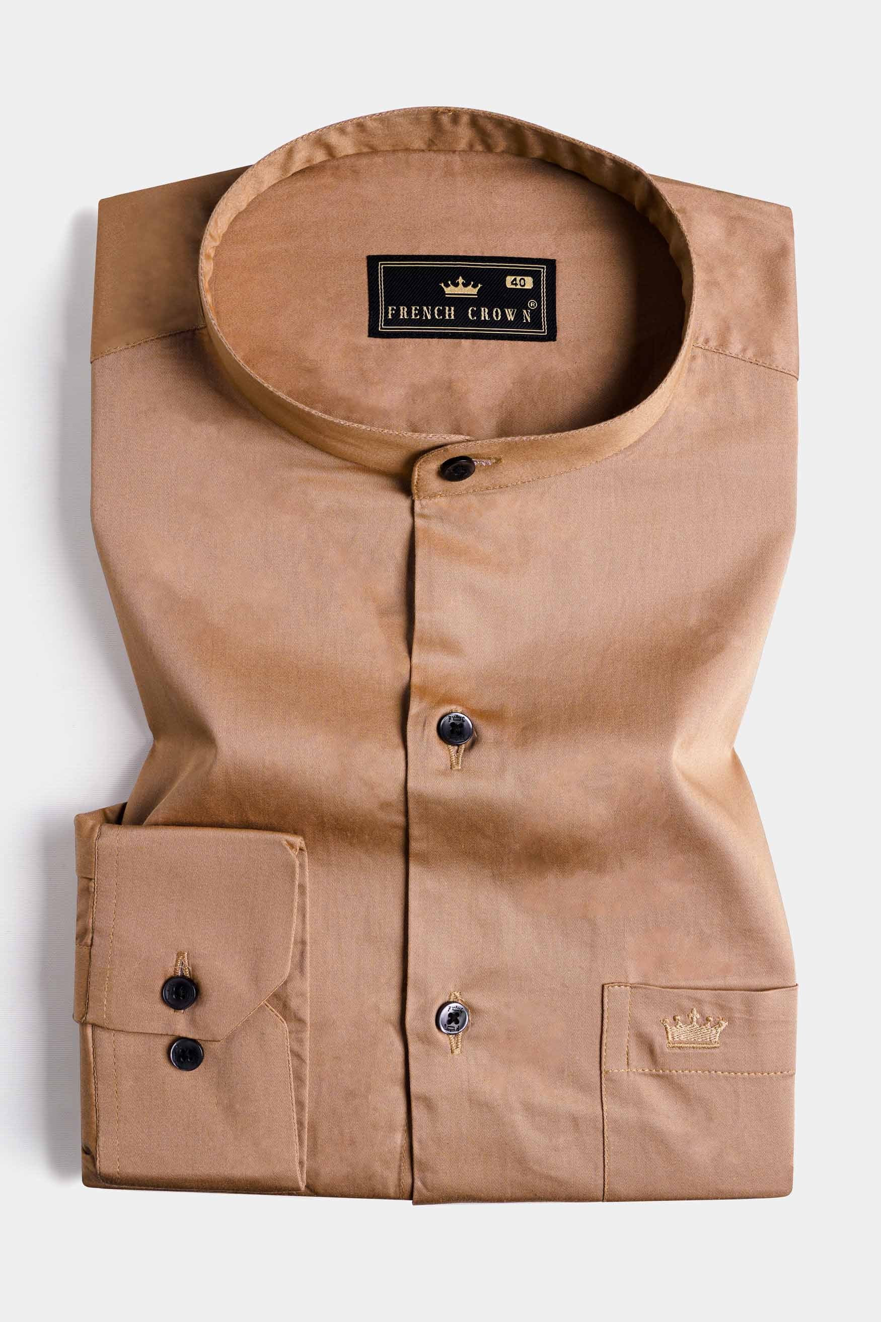 Mocha Brown Subtle Sheen Super Soft Premium Cotton Mandarin Shirt