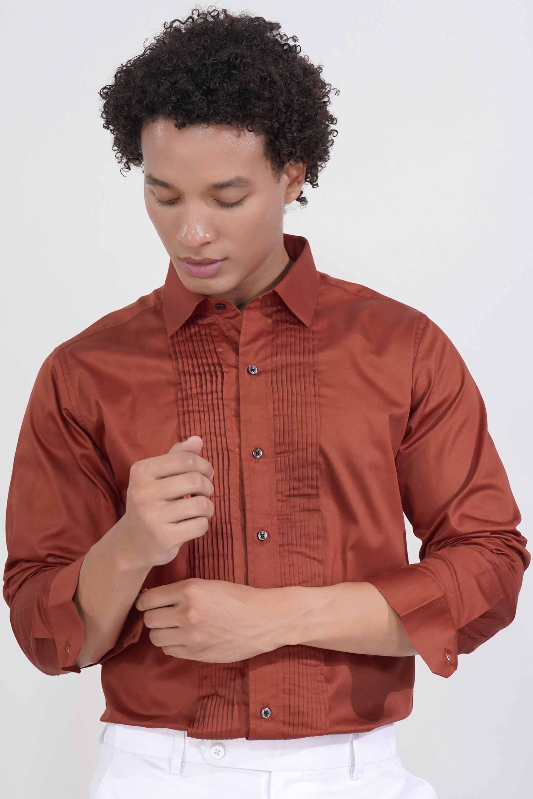 Deep Chestnut Orange Subtle Sheen Super Soft Premium Cotton Tuxedo Shirt