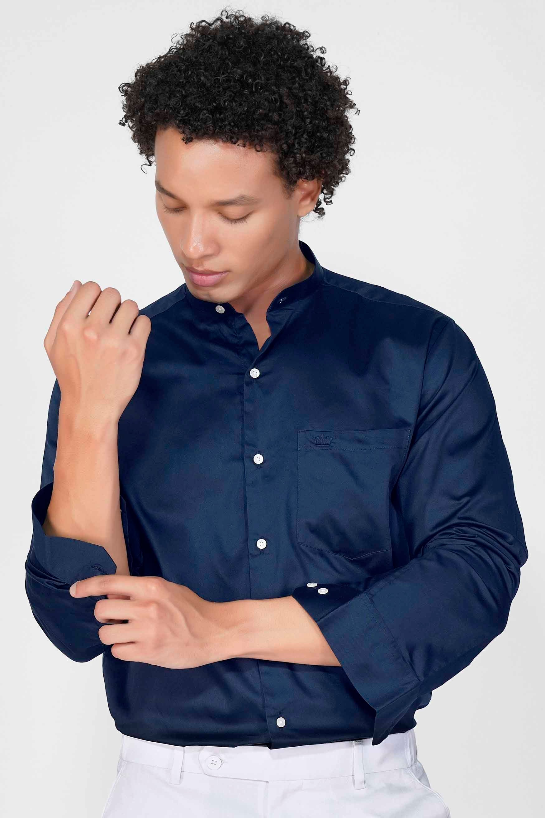 Tangaroa Blue Subtle Sheen Super Soft Premium Cotton Mandarin Shirt
