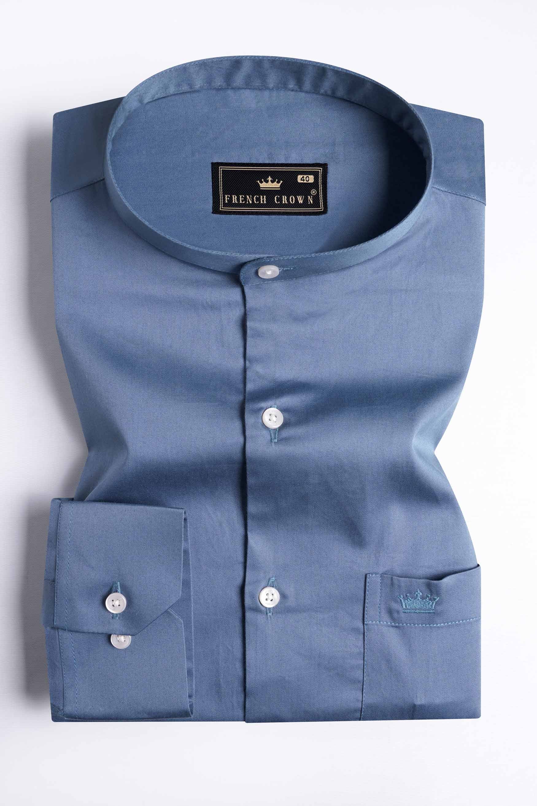 Bluish Subtle Sheen Super Soft Premium Cotton Mandarin Shirt