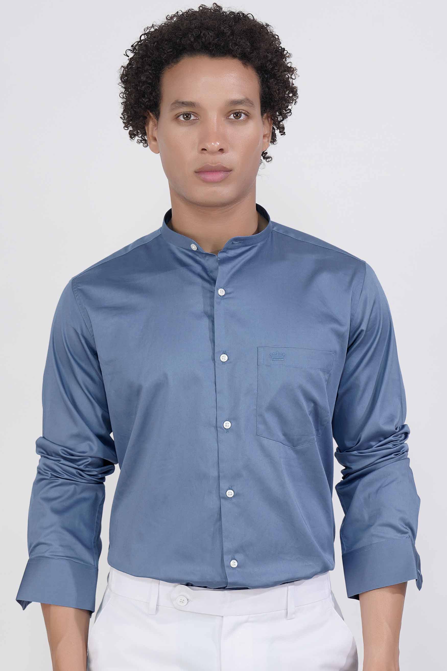 Bluish Subtle Sheen Super Soft Premium Cotton Mandarin Shirt