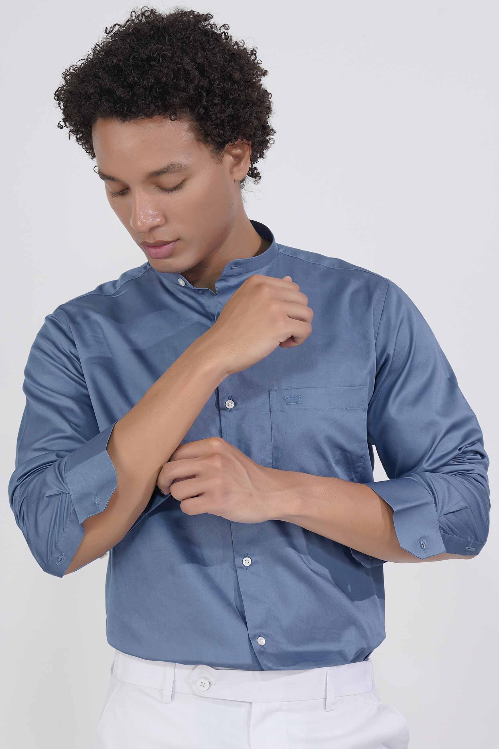 Bluish Subtle Sheen Super Soft Premium Cotton Mandarin Shirt