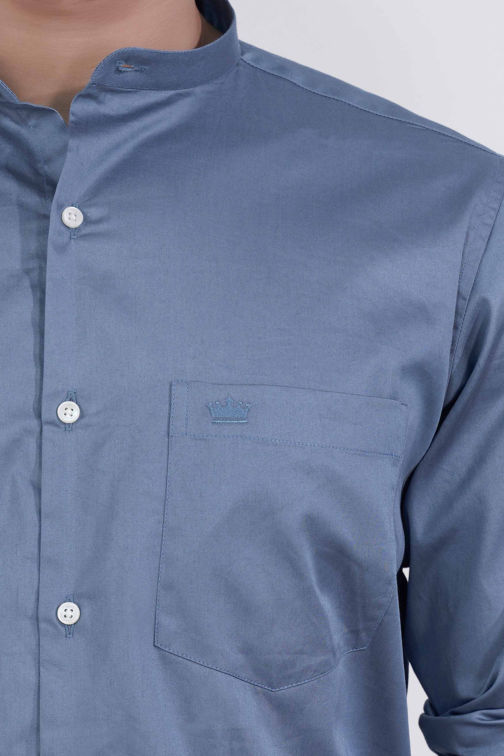 Bluish Subtle Sheen Super Soft Premium Cotton Mandarin Shirt