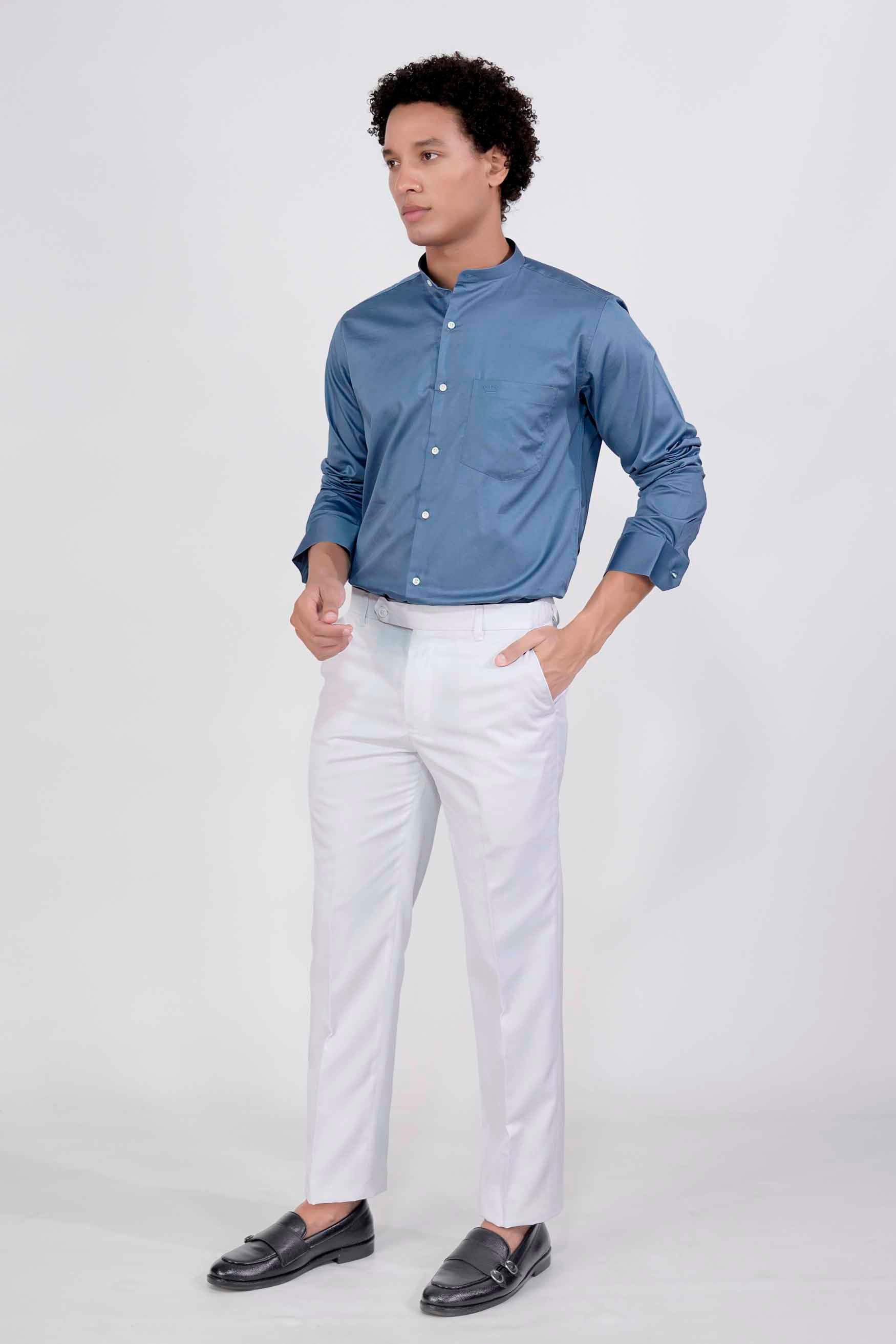 Bluish Subtle Sheen Super Soft Premium Cotton Mandarin Shirt