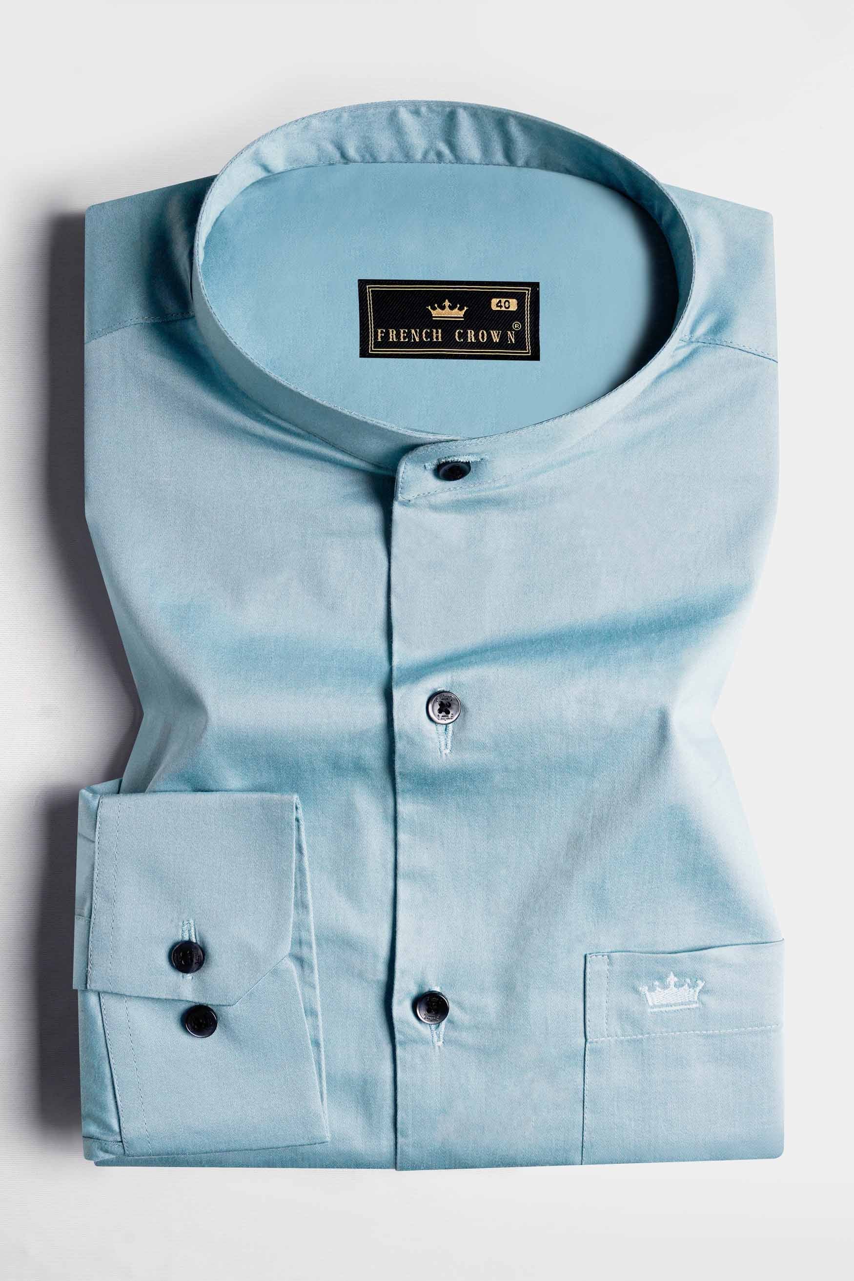 Casper Blue Subtle Sheen Super Soft Premium Cotton Mandarin Shirt