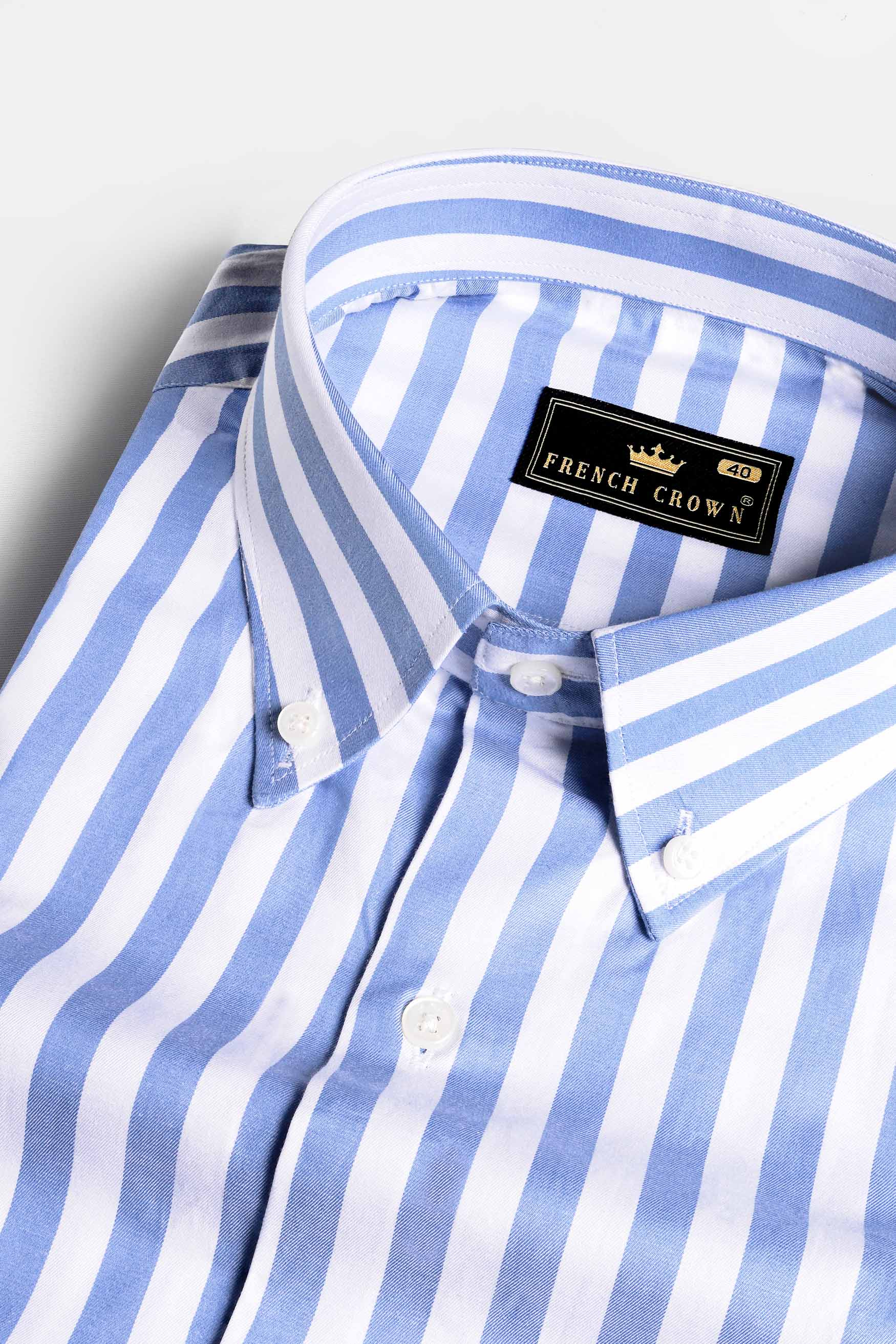 Bright White with Alaskan Blue Striped Twill Premium Cotton Shirt