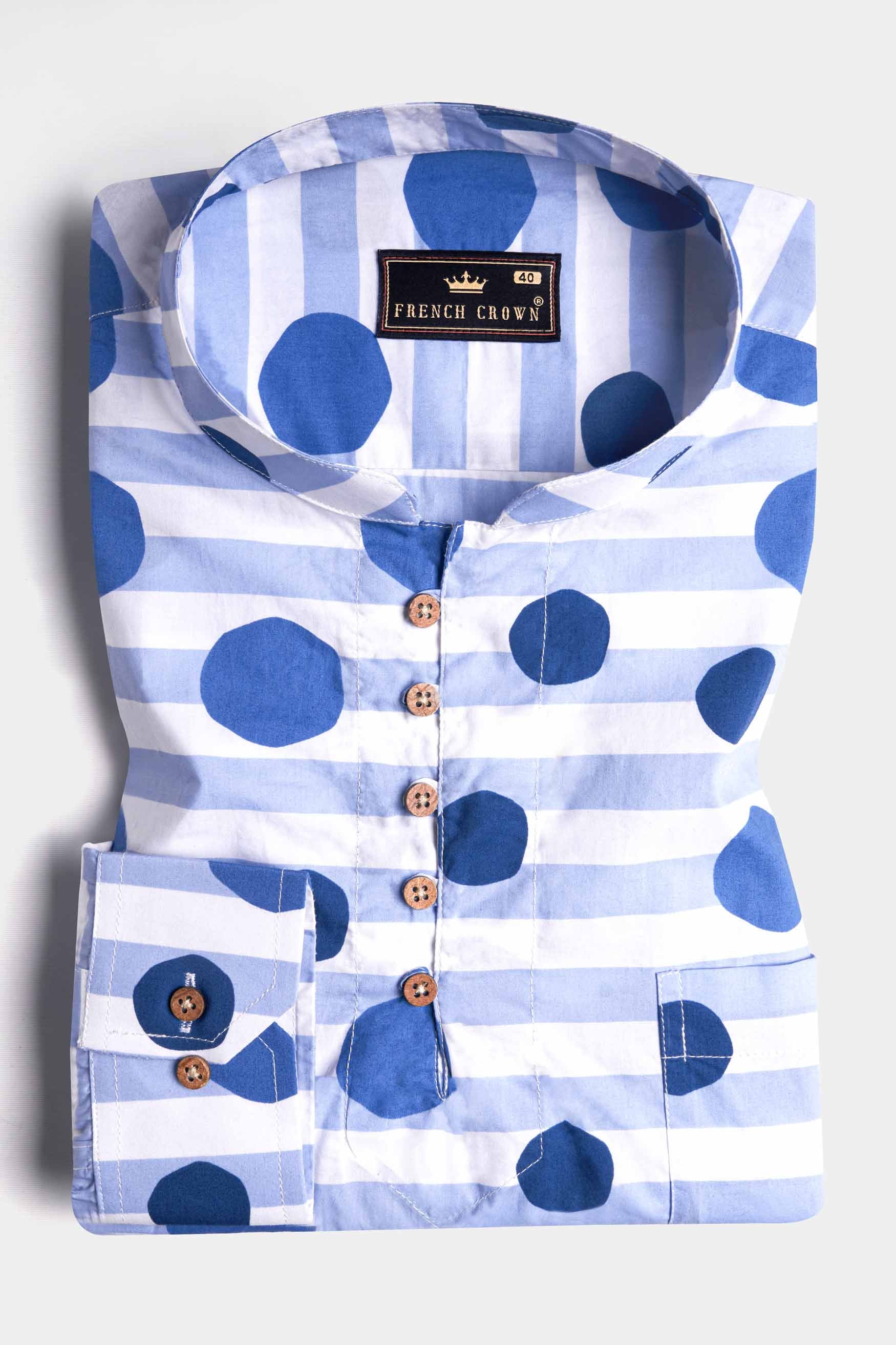 Bright White with Cerulean Blue Striped and Polka Dots Premium Cotton Kurta Shirt