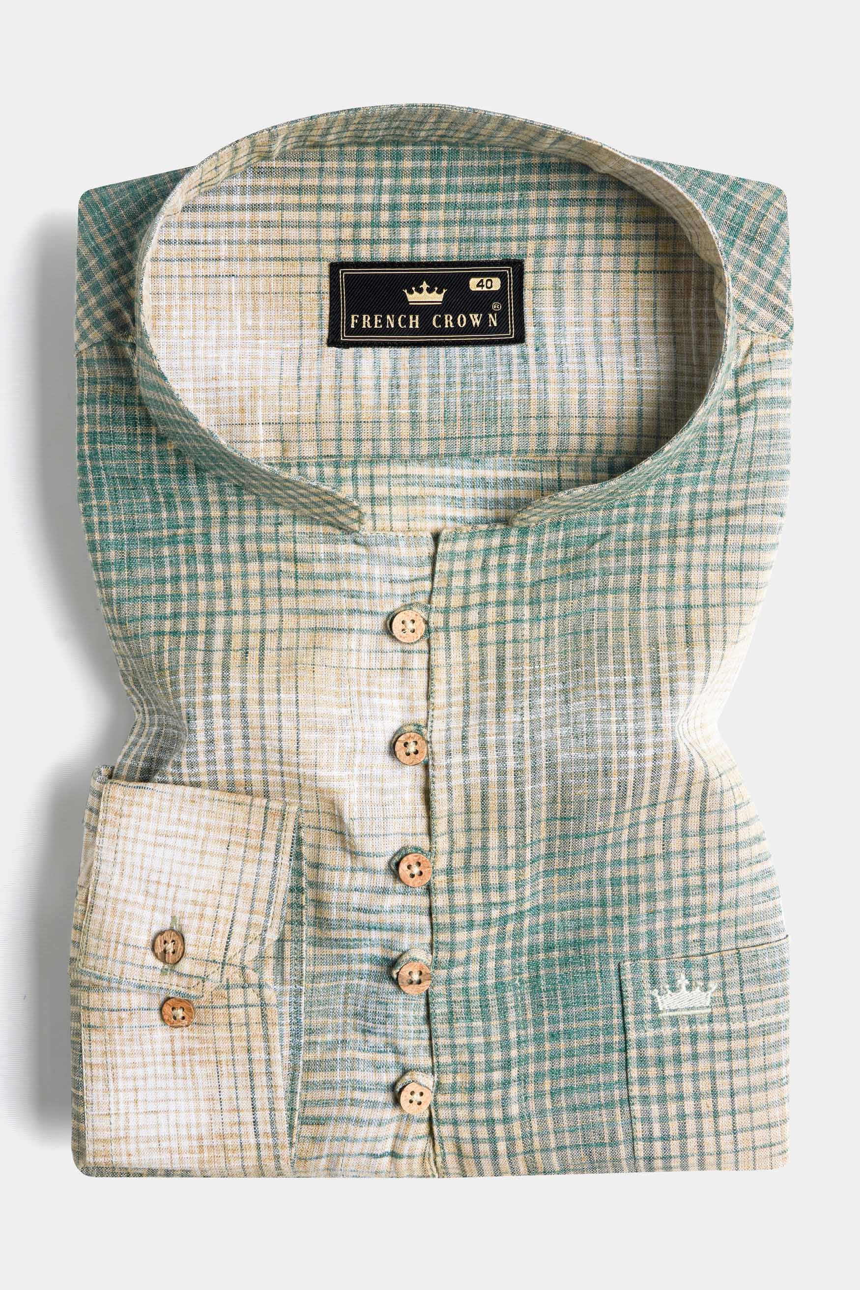 Viridian Green with White and Tahuna Brown Luxurious Linen Kurta Shirt