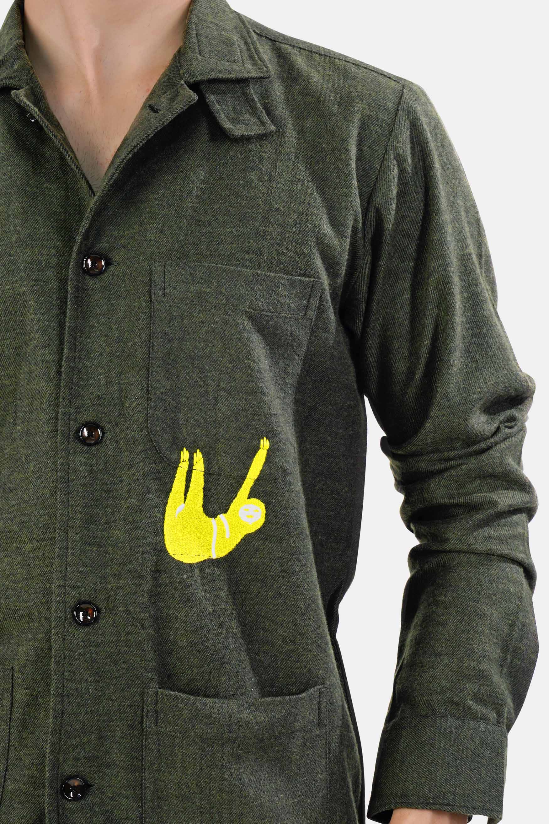 Kombu Green Embroidered Flannel Designer Overshirt