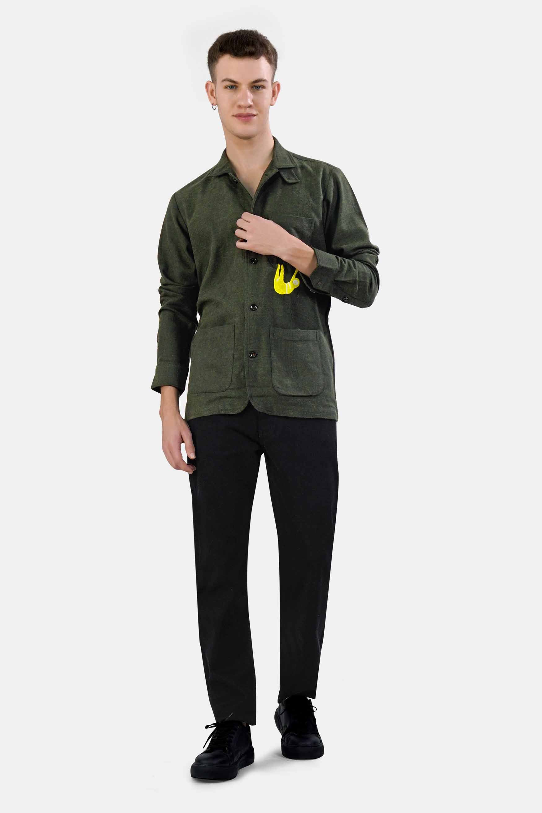 Kombu Green Embroidered Flannel Designer Overshirt