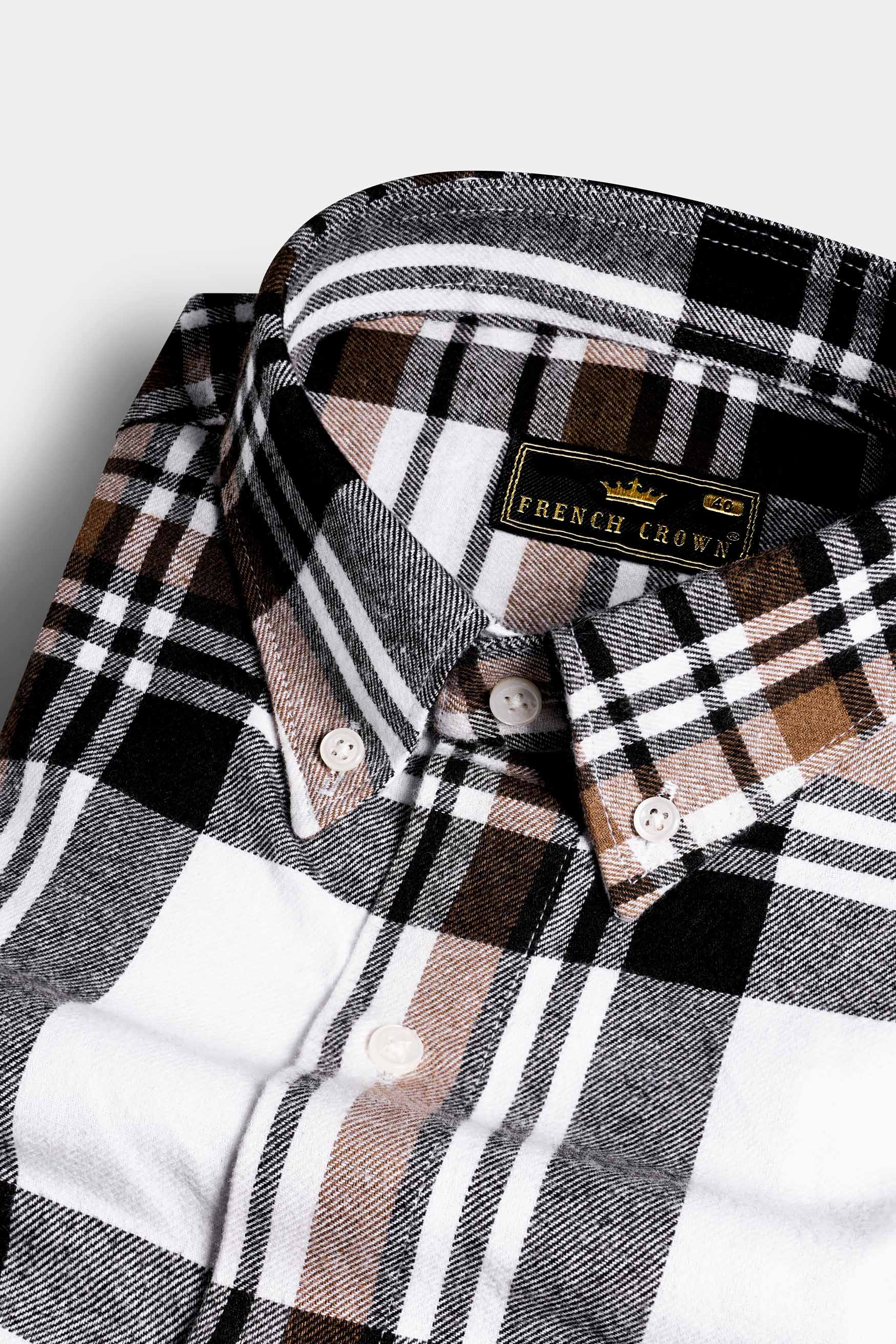 Bright White with Cider Brown and Black Plaid Flannel Button Down Shirt
