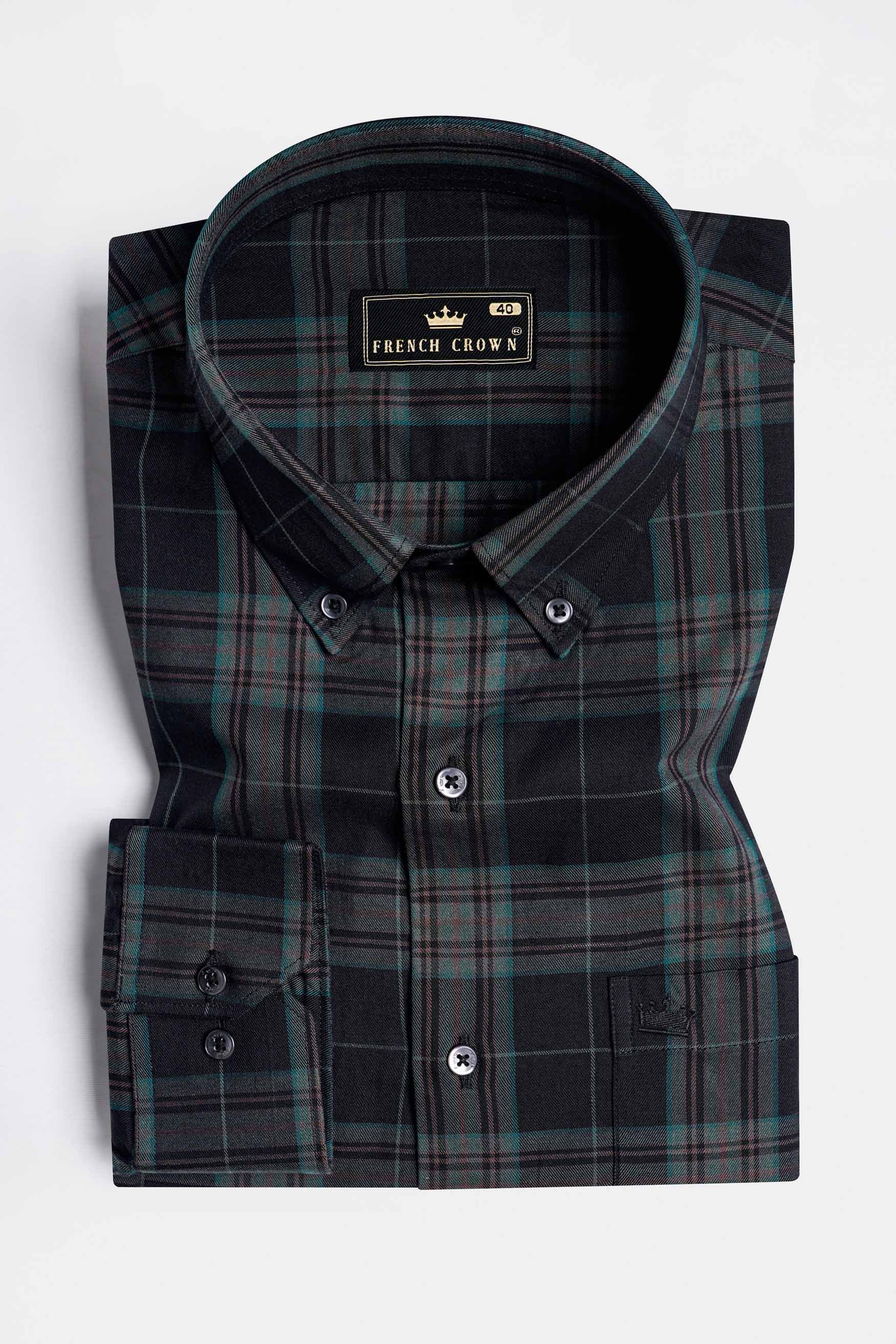Cinder Black and Wenge Brown Twill Plaid Premium Cotton Button Down Shirt