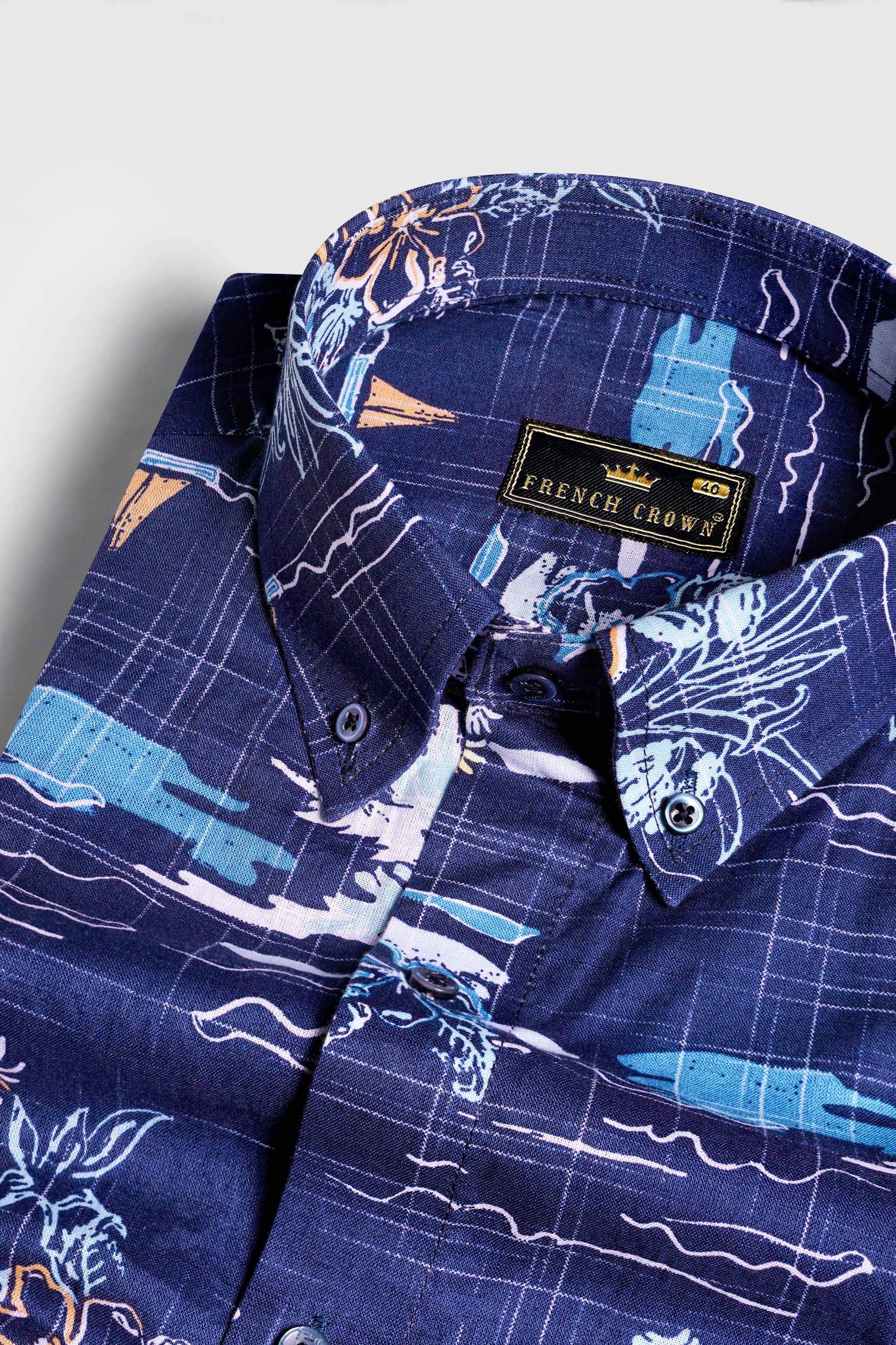 Lapis Blue and White Multicolour Printed Chambray Shirt