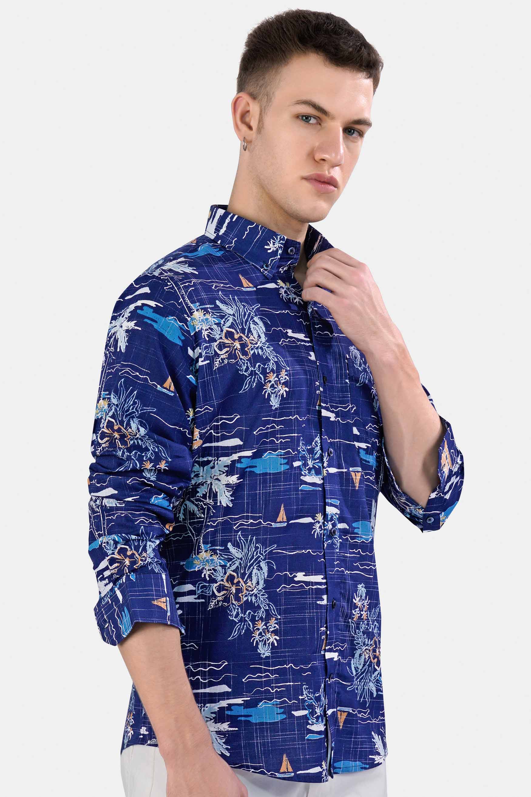 Lapis Blue and White Multicolour Printed Chambray Shirt