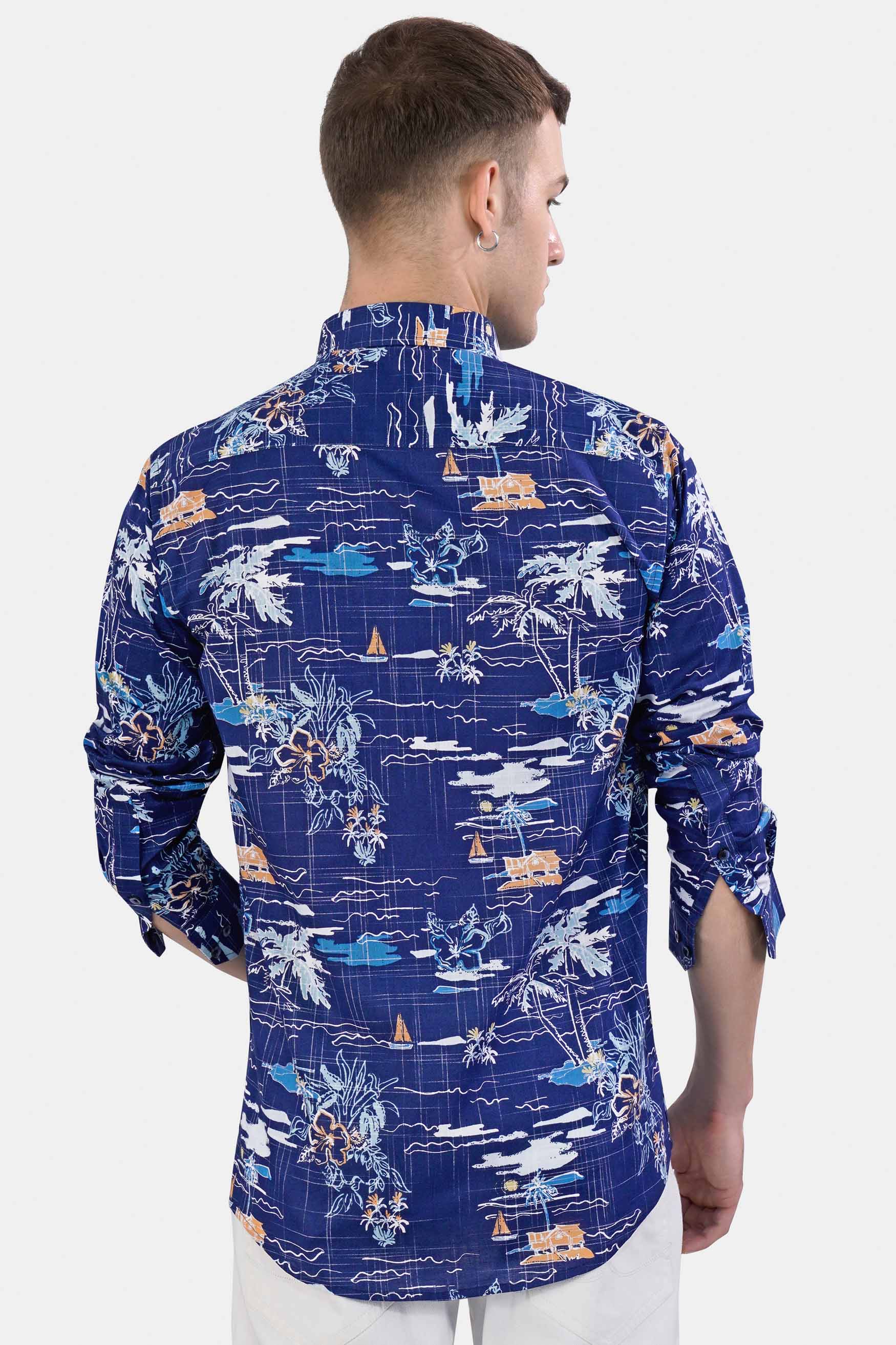 Lapis Blue and White Multicolour Printed Chambray Shirt