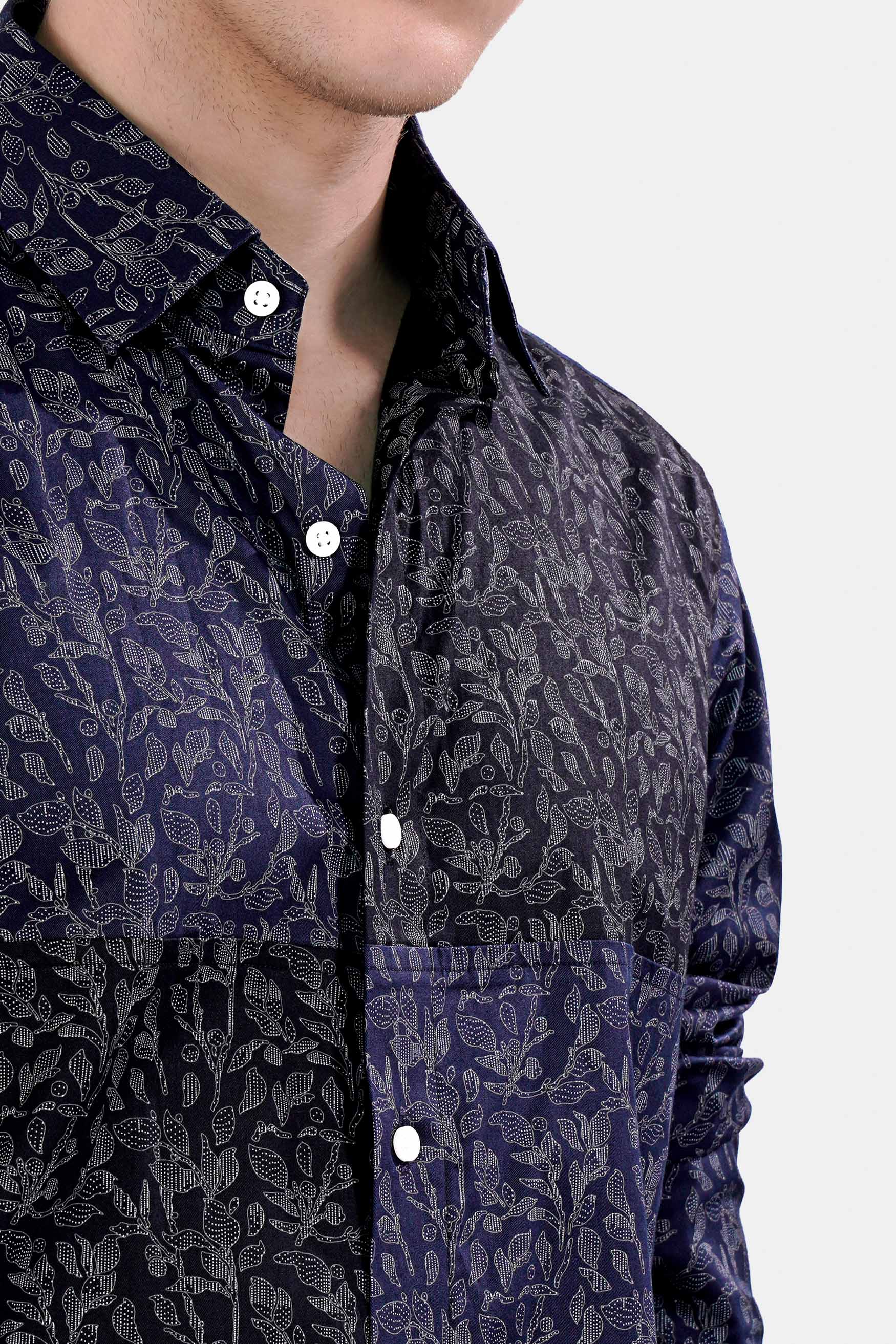 Cove Blue and Black Leaves Printed Subtle Sheen Super Soft Premium Cotton Designer Shirt
