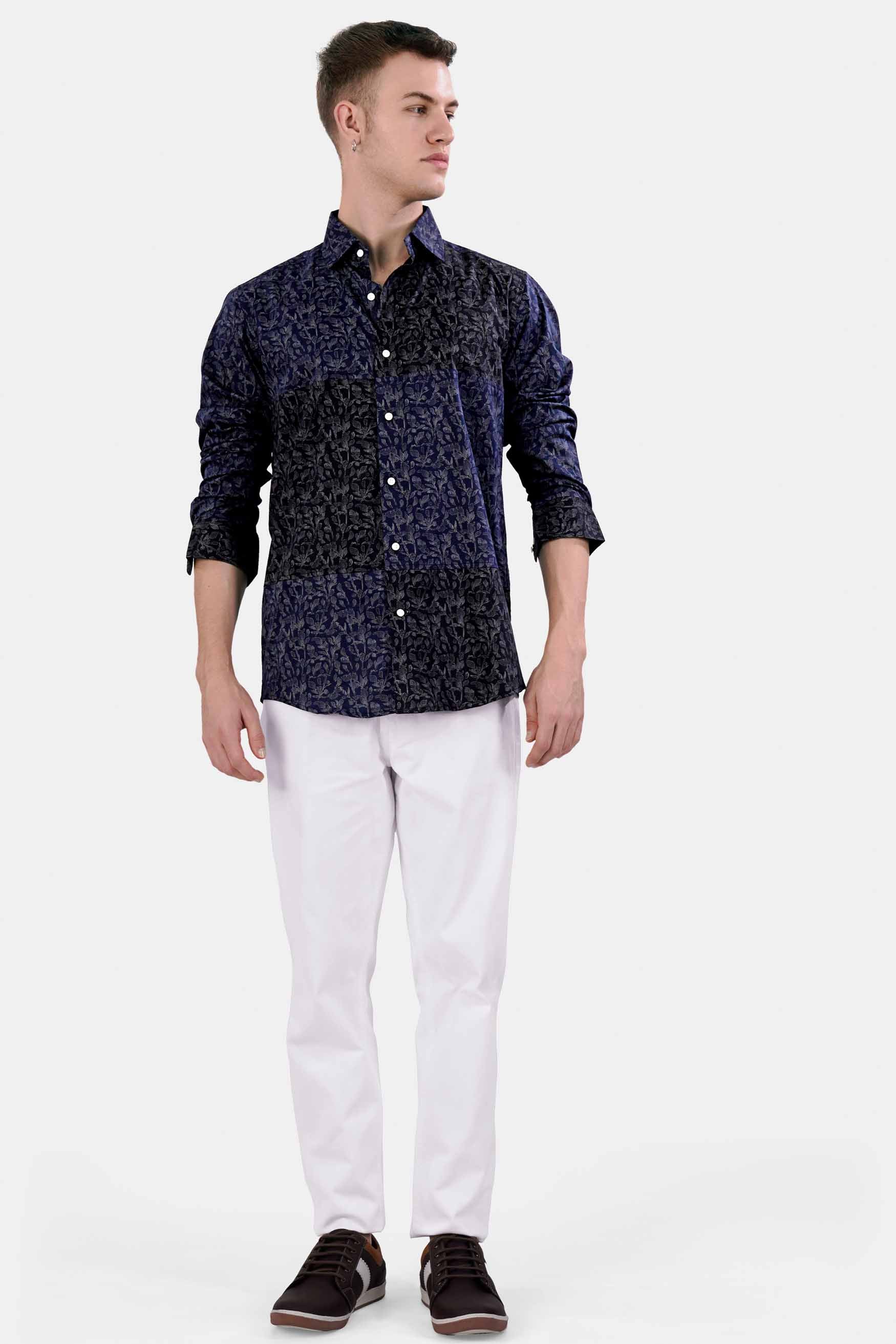 Cove Blue and Black Leaves Printed Subtle Sheen Super Soft Premium Cotton Designer Shirt