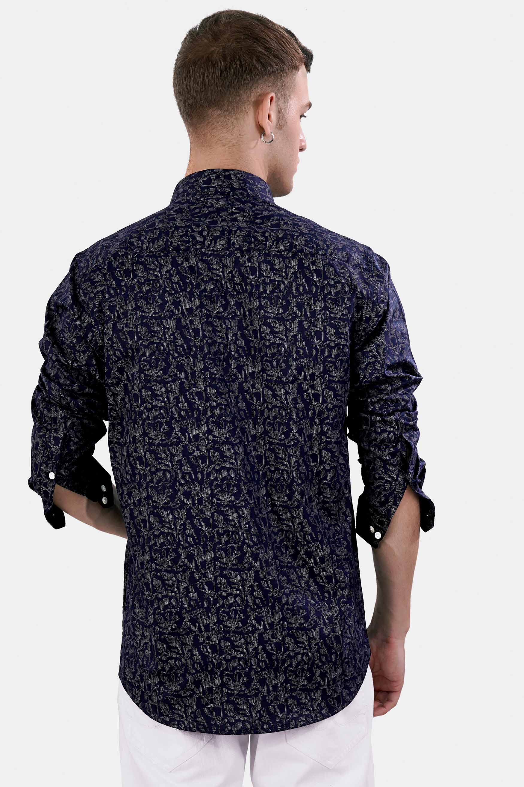Cove Blue and Black Leaves Printed Subtle Sheen Super Soft Premium Cotton Designer Shirt