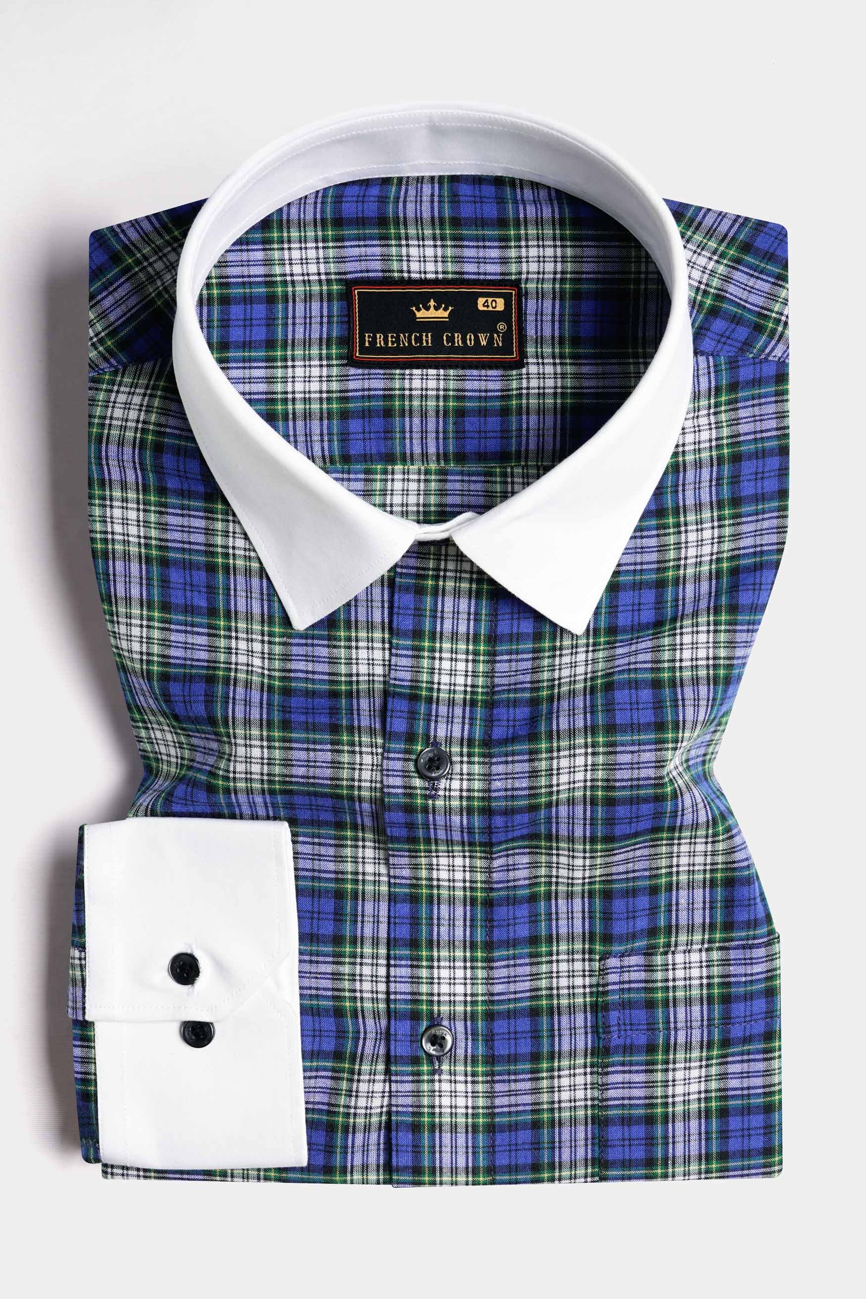 Lapis Blue and Teal Green Plaid with White Cuffs and Collar Premium Cotton Shirt