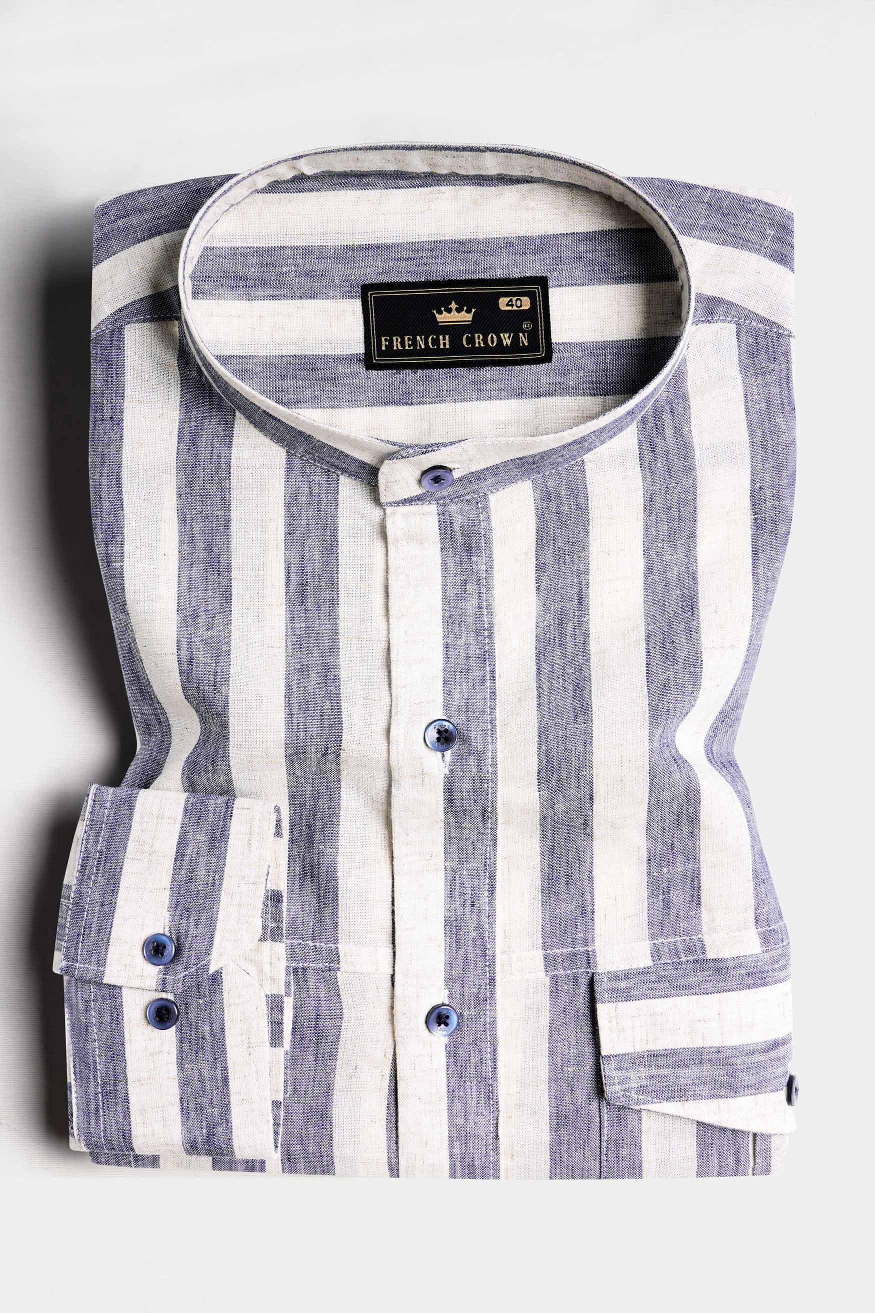 Revere Cream and Glaucouse Blue Striped Luxurious Linen Designer Shirt