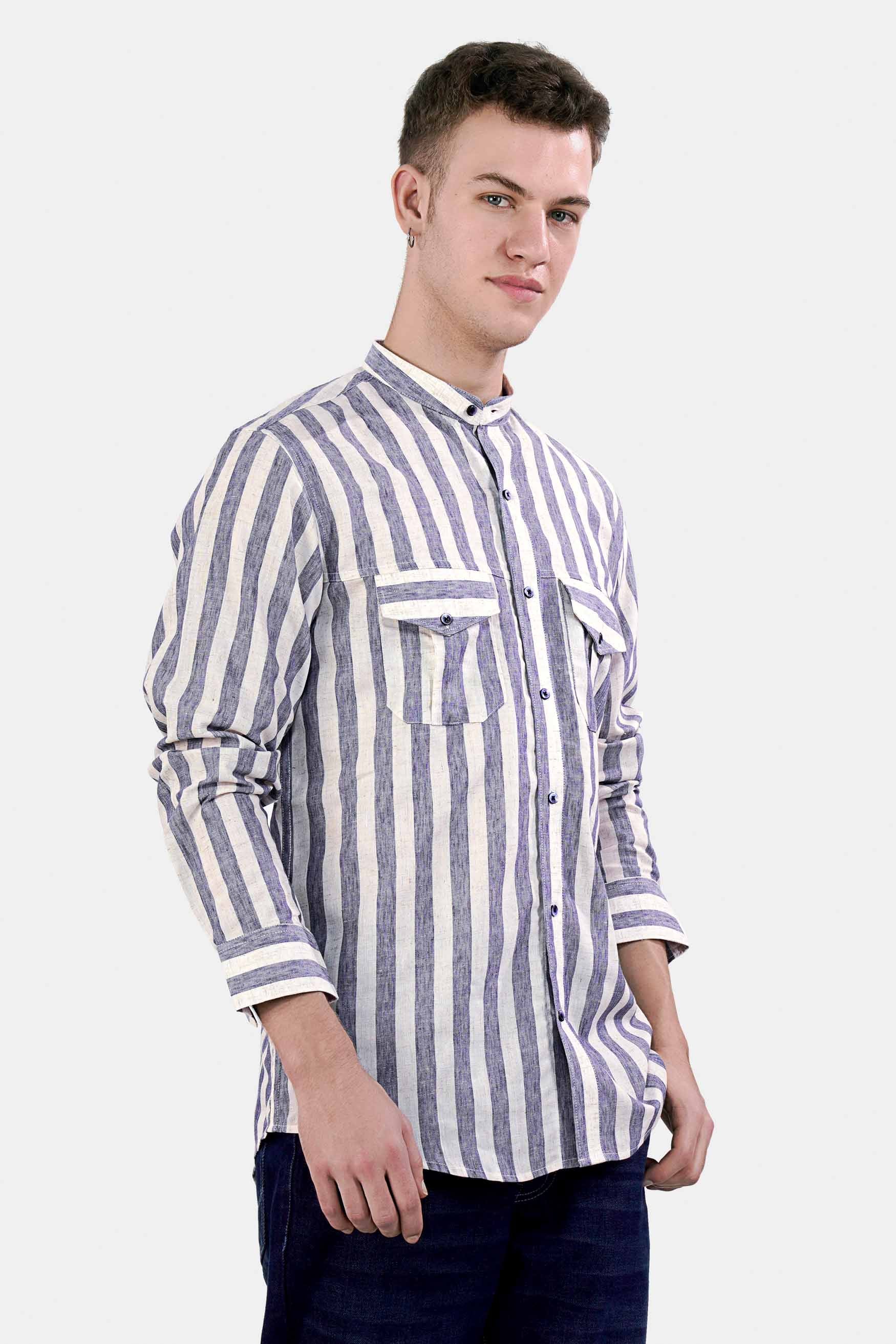 Revere Cream and Glaucouse Blue Striped Luxurious Linen Designer Shirt
