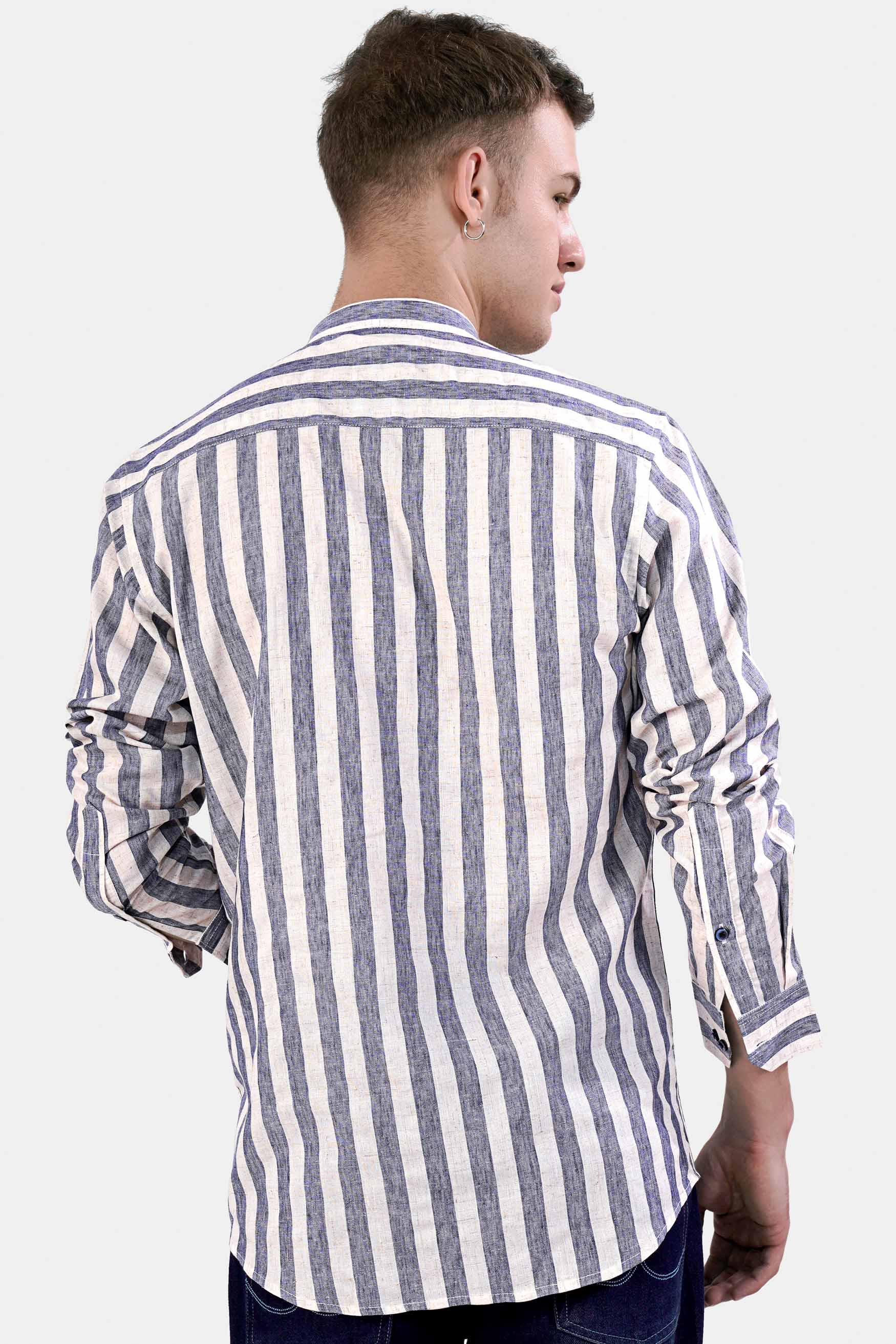 Revere Cream and Glaucouse Blue Striped Luxurious Linen Designer Shirt