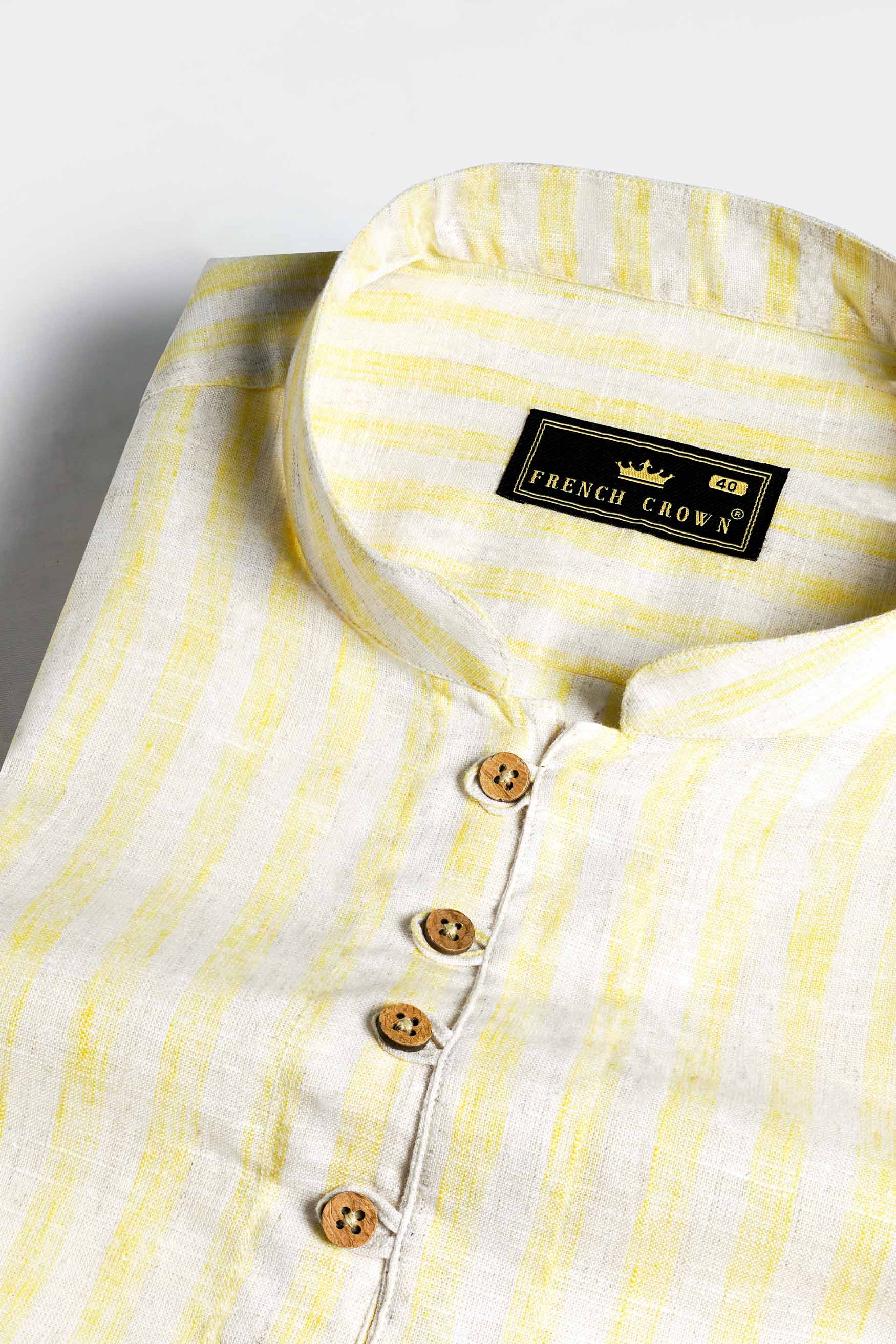 Brulee Yellow and White Striped Luxurious Linen Kurta Shirt