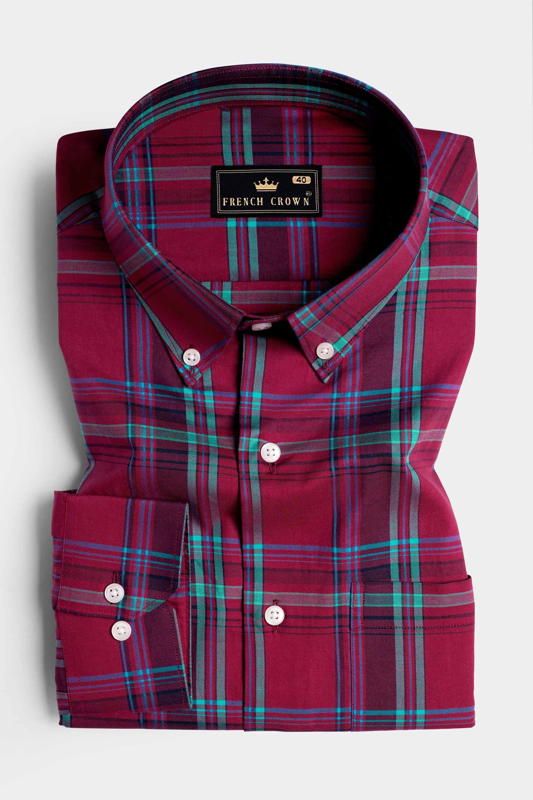 Claret Maroon and Vulcan Blue Plaid Subtle Sheen Super Soft Premium Cotton Shirt