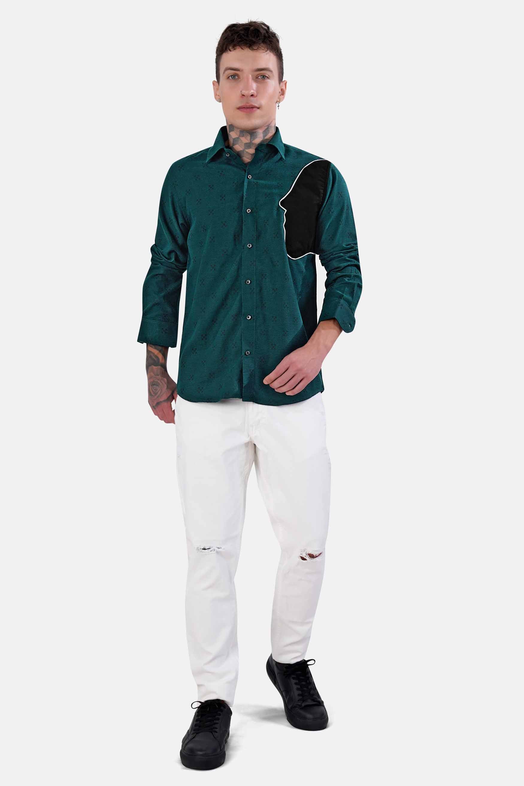 Timber Green and Black Face Like Pattern Dobby Textured Premium Giza Cotton Designer Shirt