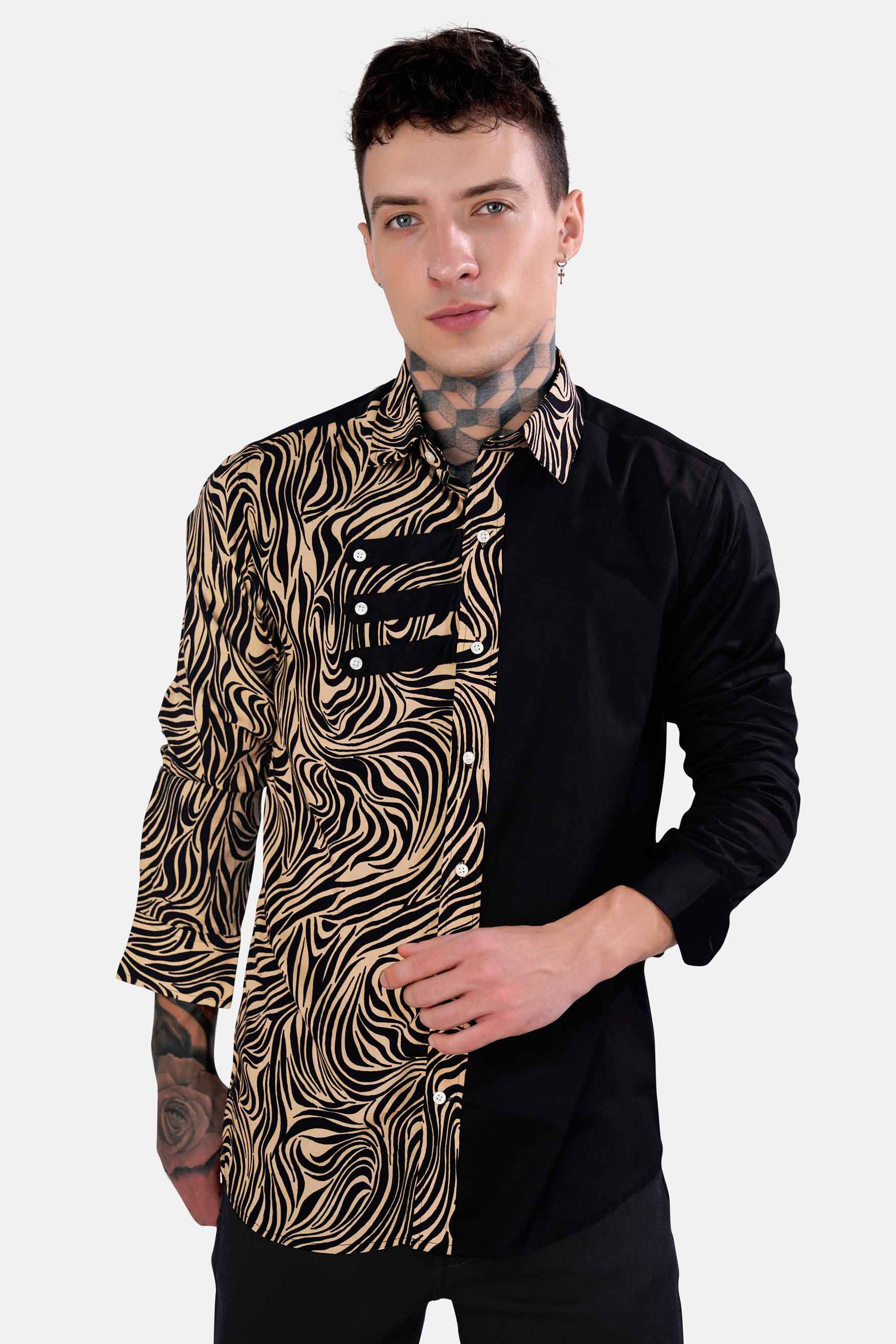 Half Animal Printed and Half Solid Black Premium Tencel Designer Shirt