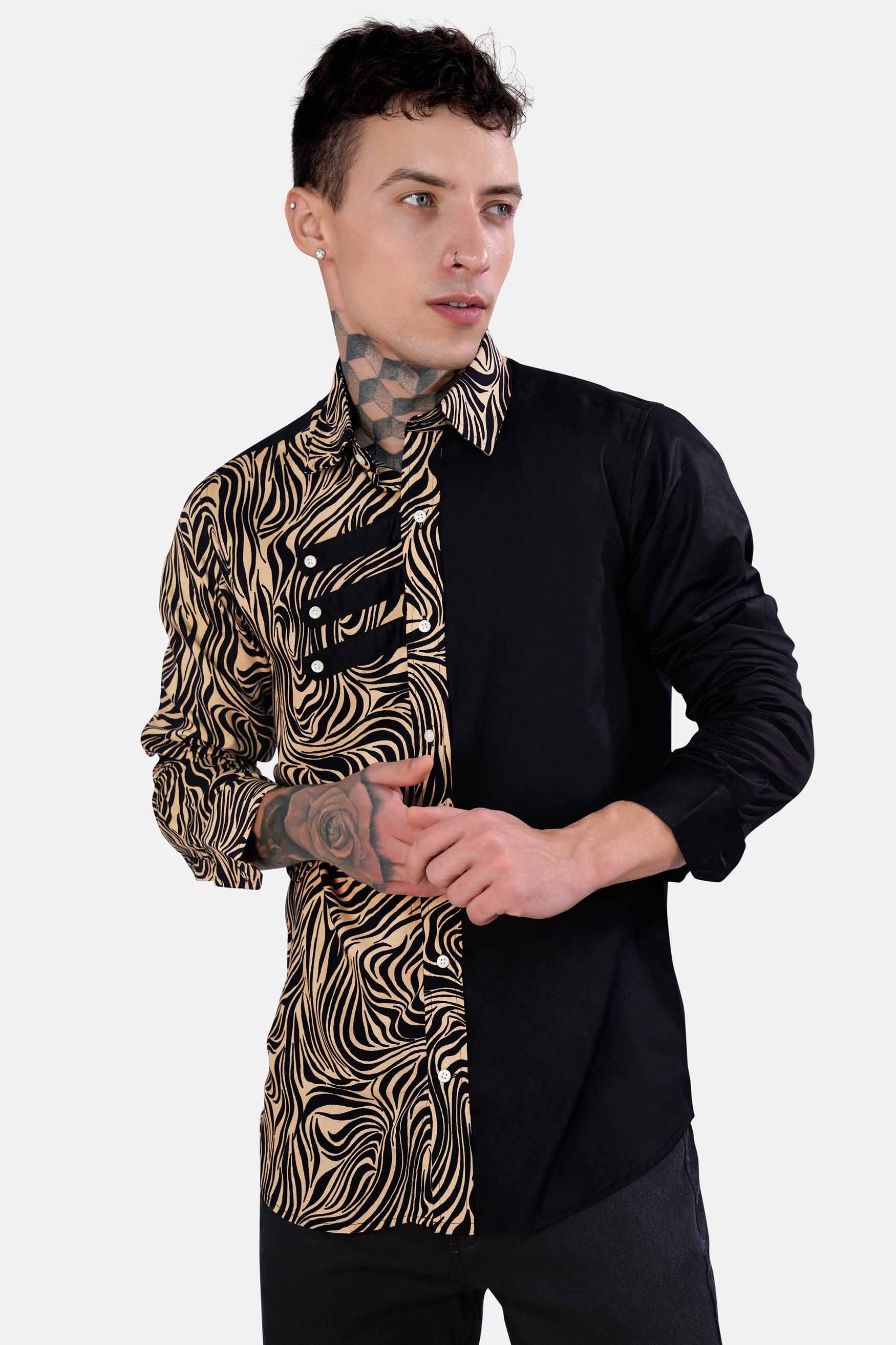 Half Animal Printed and Half Solid Black Premium Tencel Designer Shirt