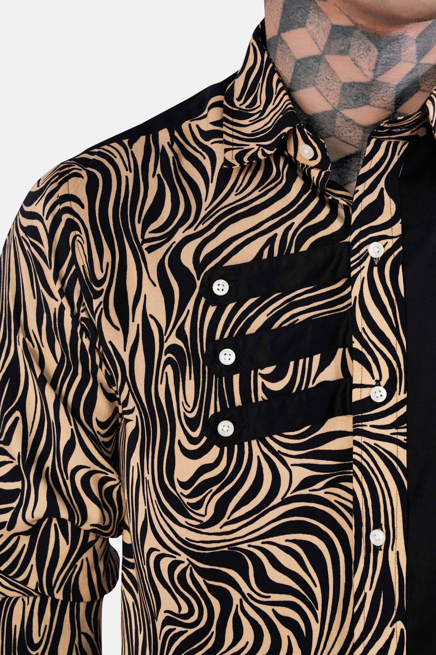 Half Animal Printed and Half Solid Black Premium Tencel Designer Shirt
