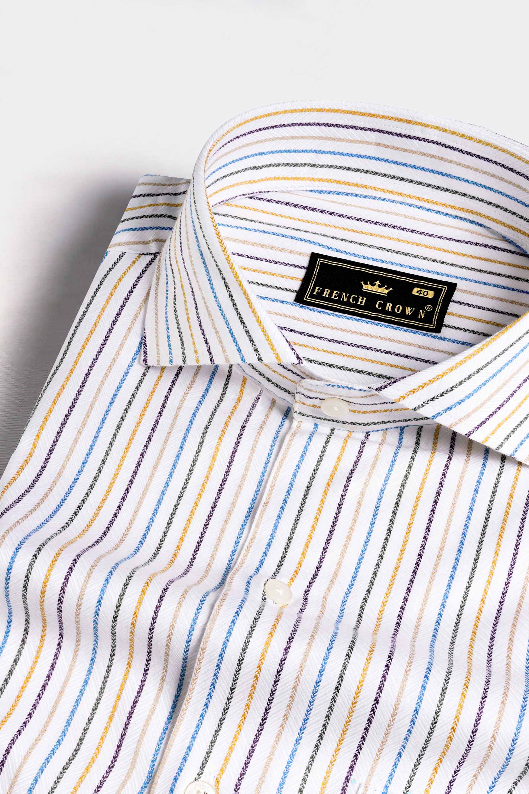 Bright White Multicolour Striped Dobby Textured Premium Giza Cotton Shirt