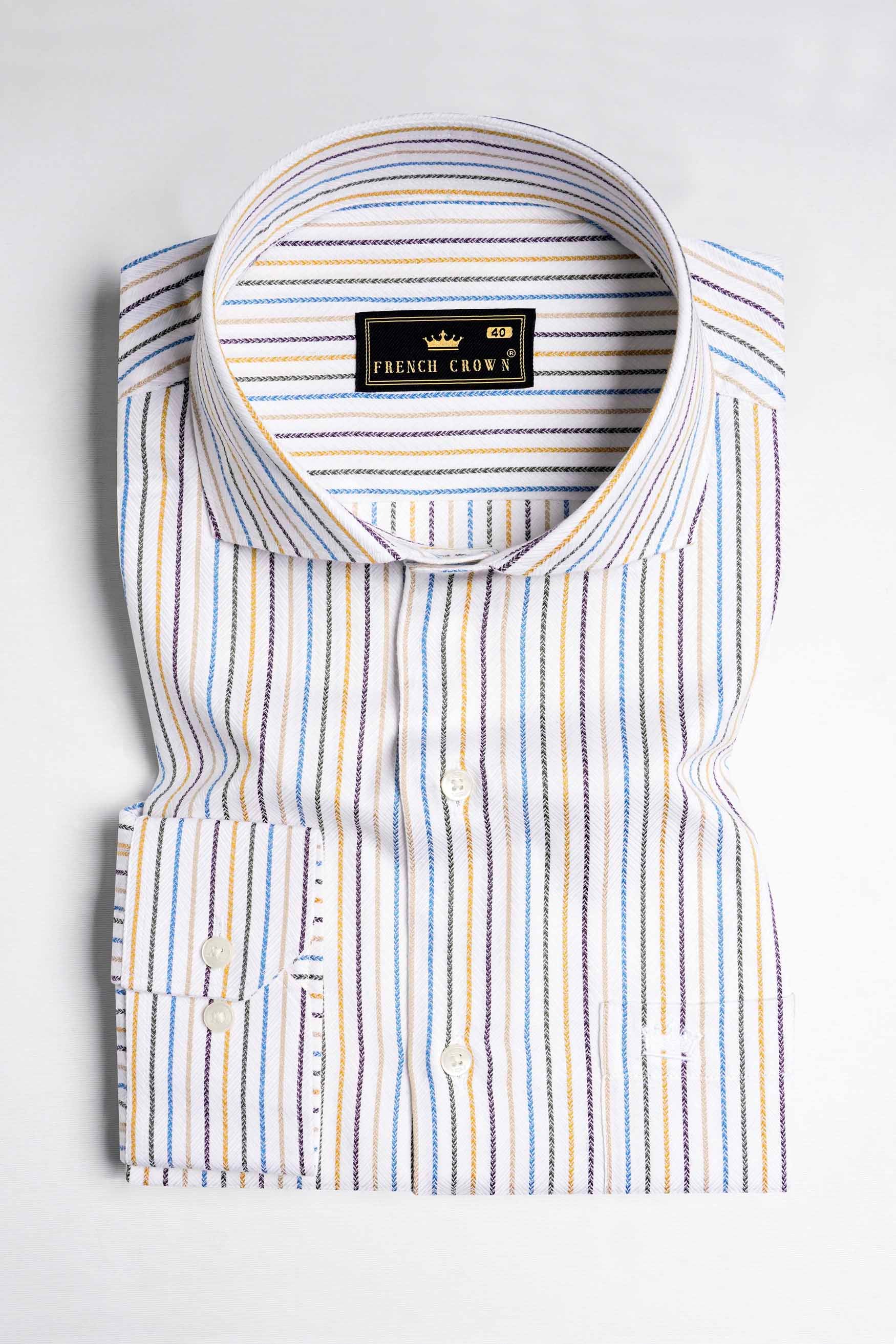 Bright White Multicolour Striped Dobby Textured Premium Giza Cotton Shirt