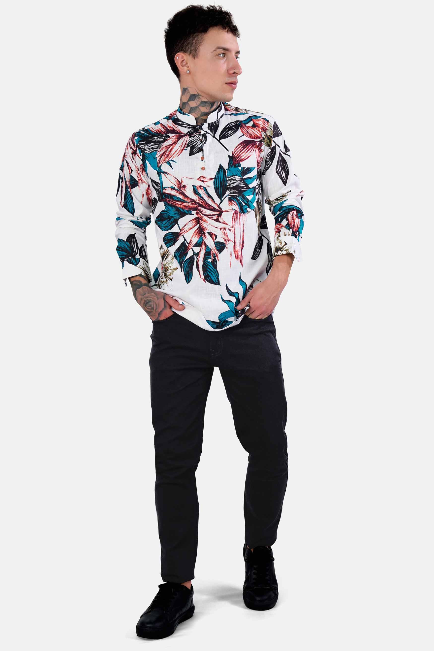 Bright White and Pacific Blue Leaves Printed Chambray Kurta Shirt