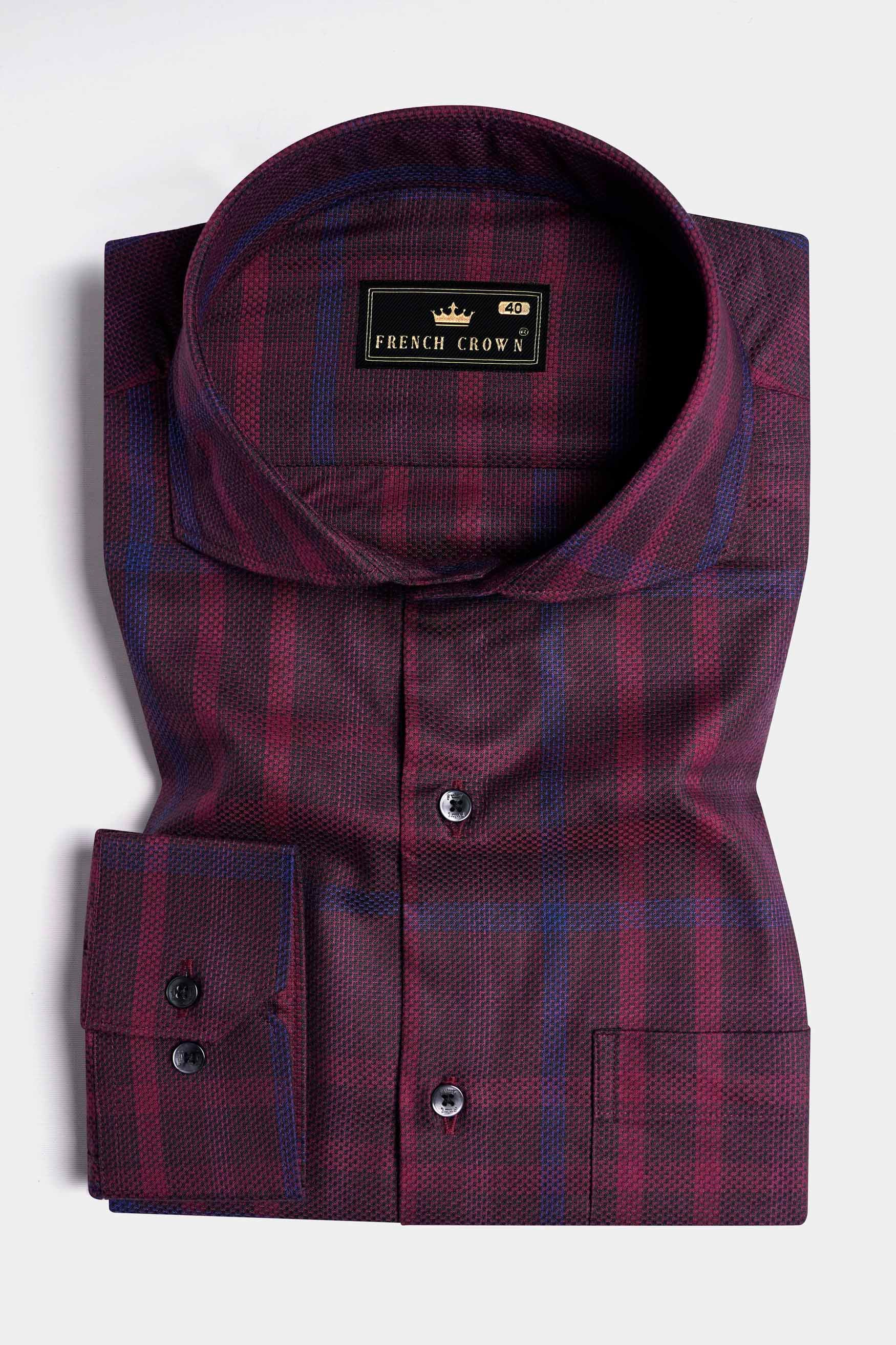 Magenta Maroon and CloudBurst Blue Dobby Textured Premium Giza Cotton Shirt