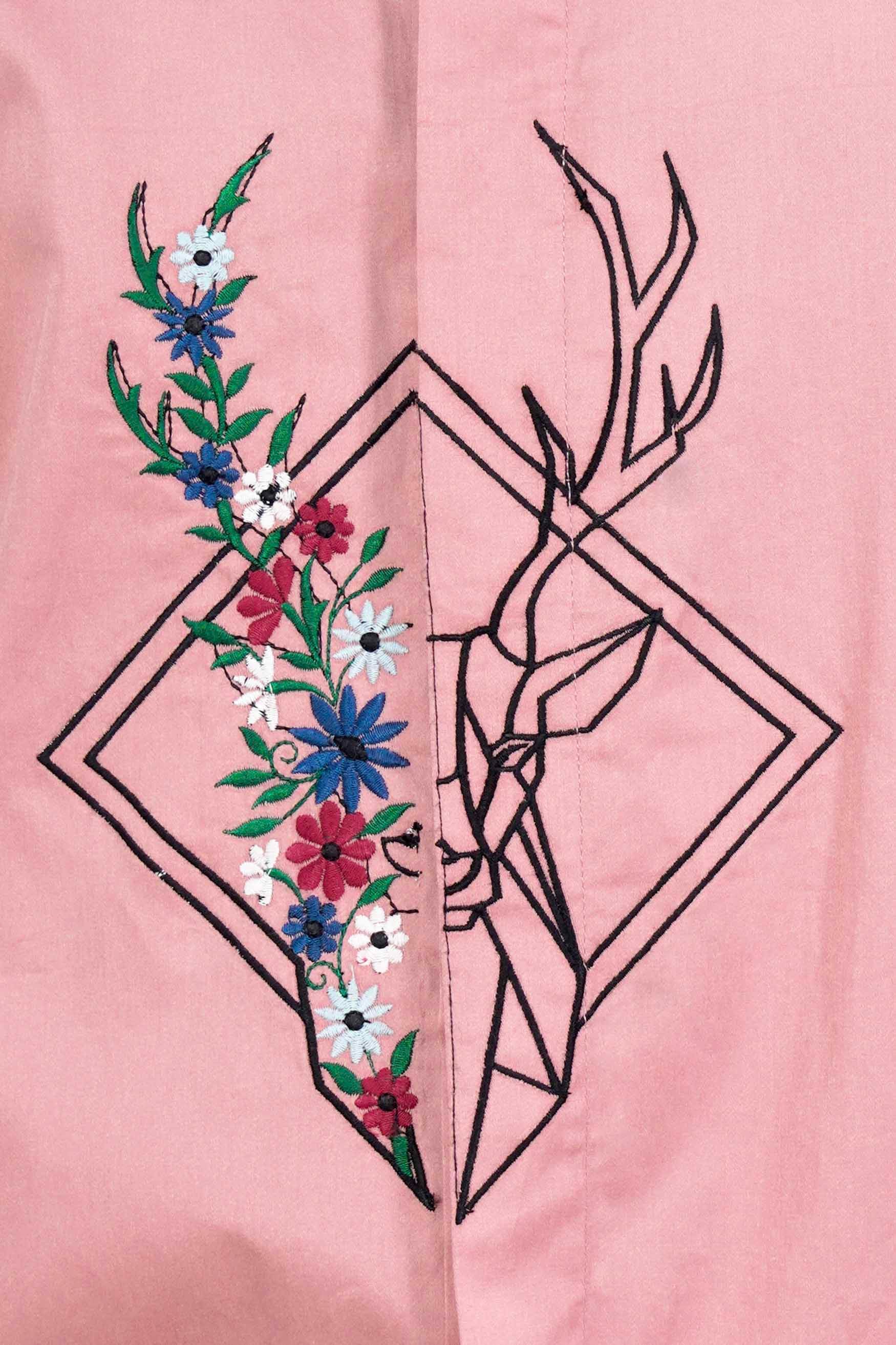 Kawai Pink Half Deer and Half Floral Embroidered Super Soft Premium Cotton Designer Shirt