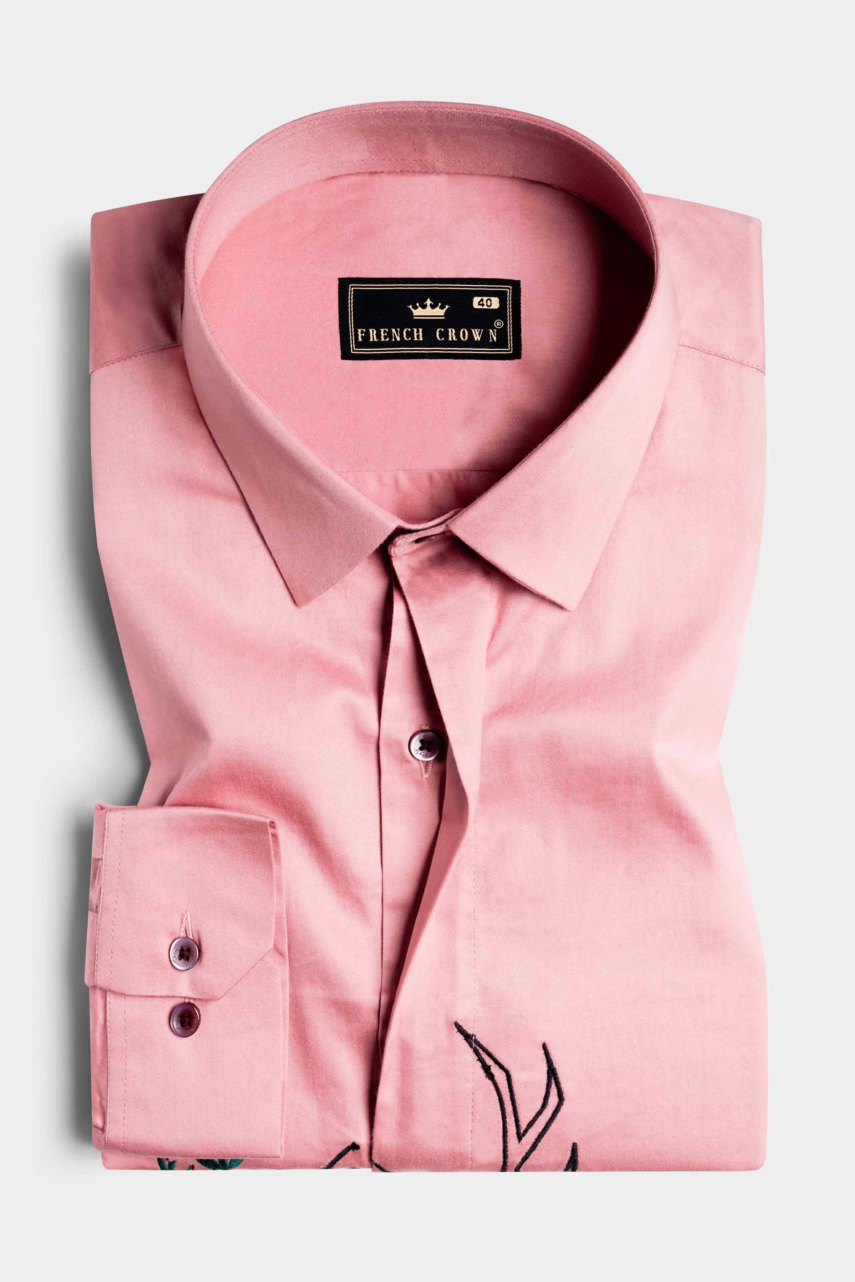 Kawai Pink Half Deer and Half Floral Embroidered Super Soft Premium Cotton Designer Shirt