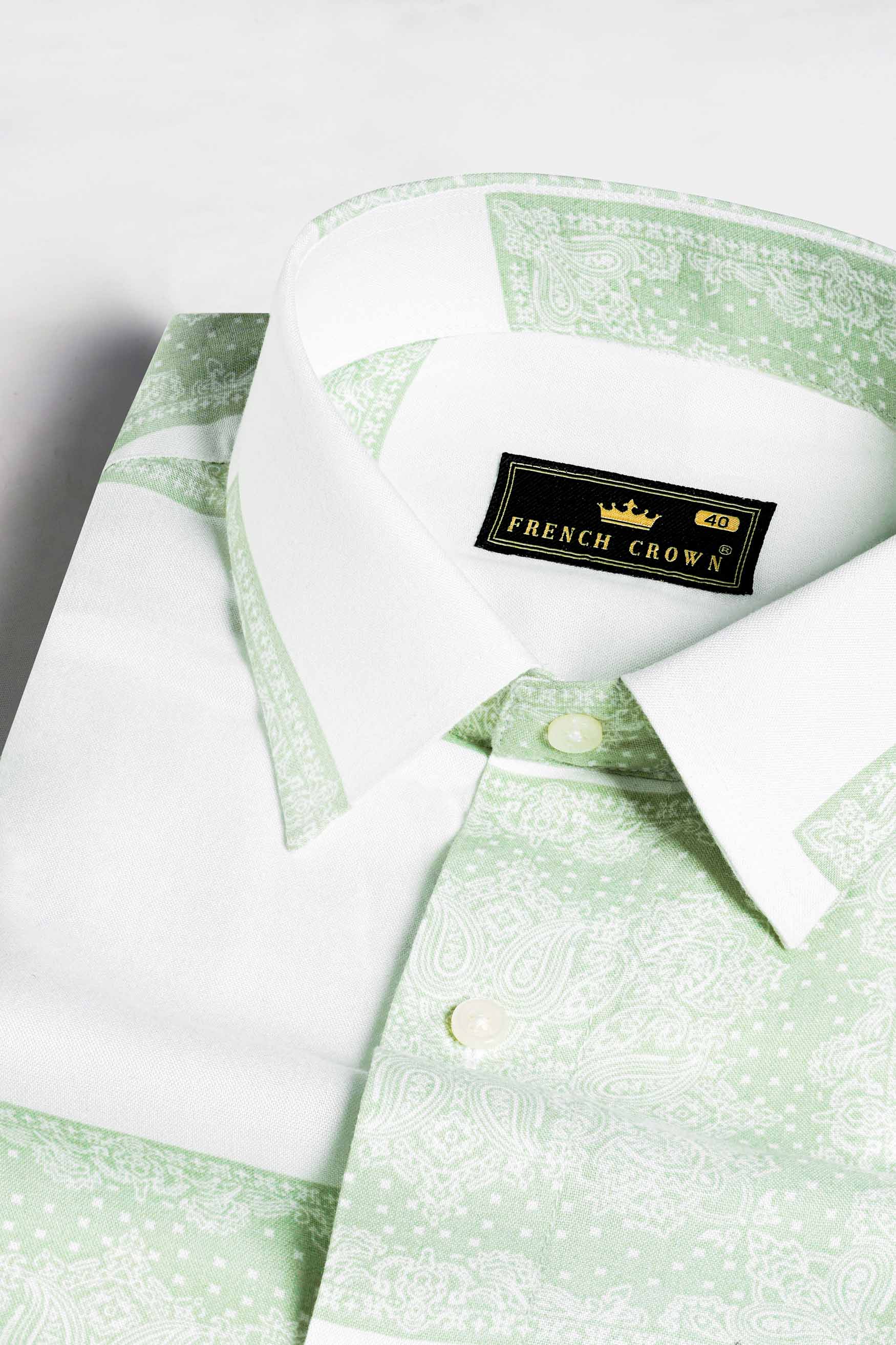 Bright White and Sage Green Casual Prints Premium Tencel Shirt for Men 16.5in / 42cm / L / Half / Short Sleeves Bright White and Sage Green Casual Prints Premium Tencel Shirt for Men 16.5in / 42cm / L / Half / Short Sleeves